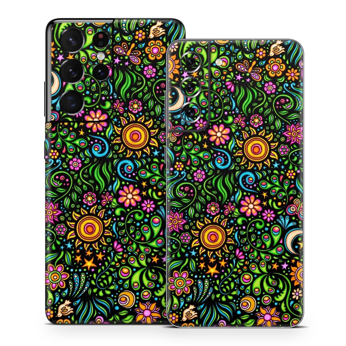 Samsung Galaxy S21 Series Skin design of Pattern, Psychedelic art, Visual arts, Art, Design, Motif, Organism, Circle, Textile, Plant, with black, red, green, blue, purple colors