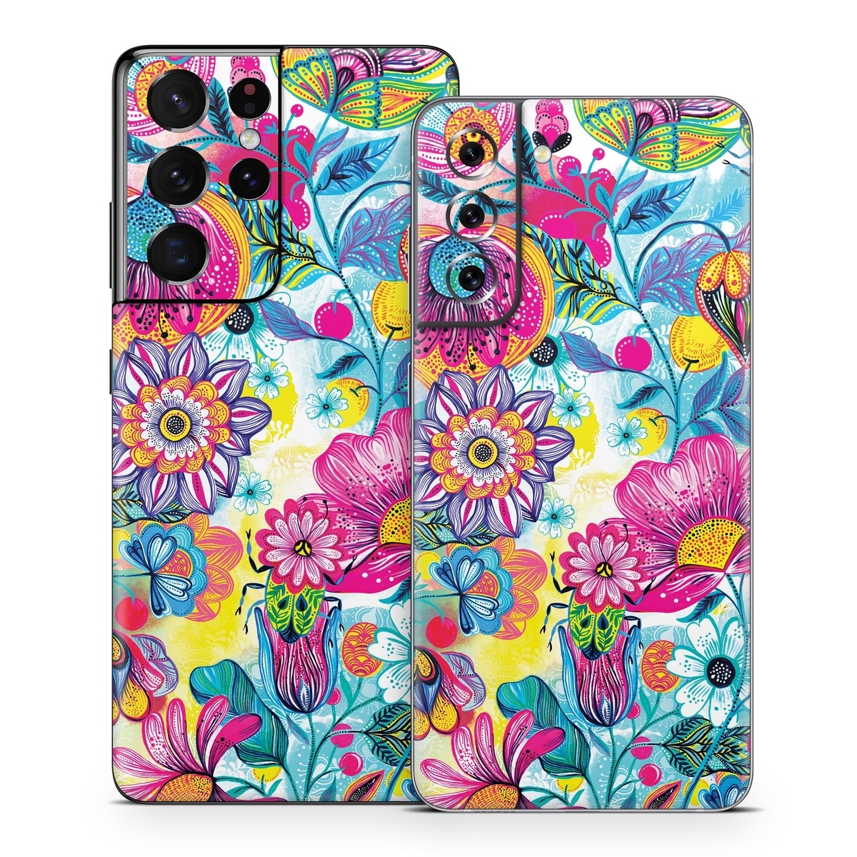 Samsung Galaxy S21 Series Skin design of Pattern, Floral design, Textile, Design, Flower, Wildflower, Visual arts, Plant, Wrapping paper, with blue, pink, purple, green, yellow, orange, white colors