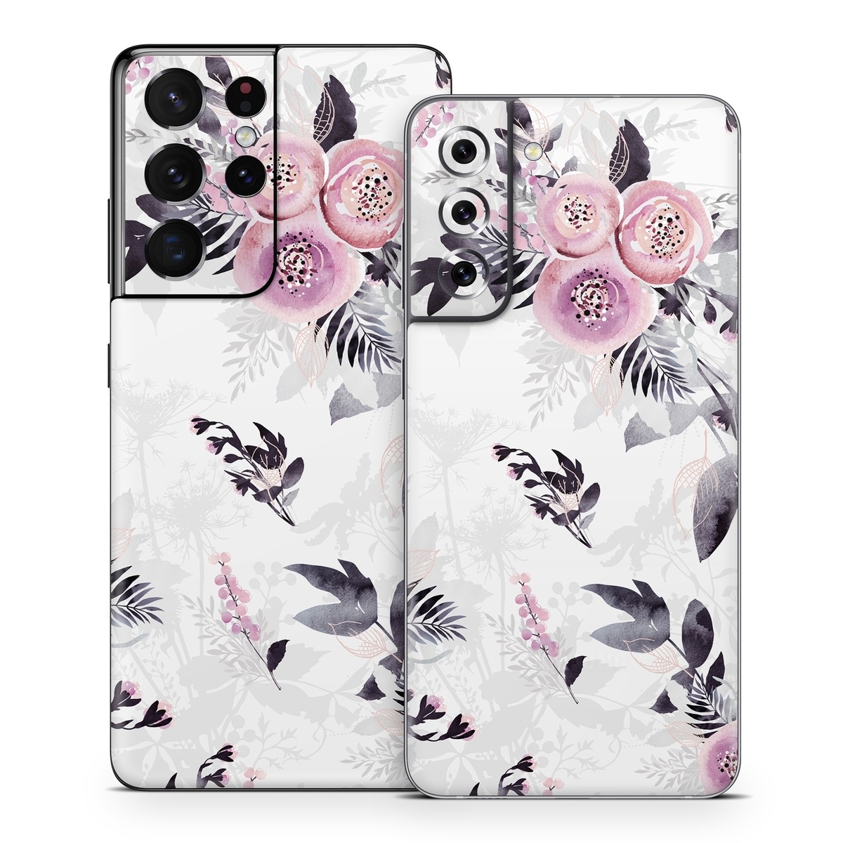 Samsung Galaxy S21 Series Skin design of Pink, Pattern, Design, Floral design, Textile, Plant, Flower, Magenta, Petal, Wallpaper, with white, purple, pink, black, gray colors