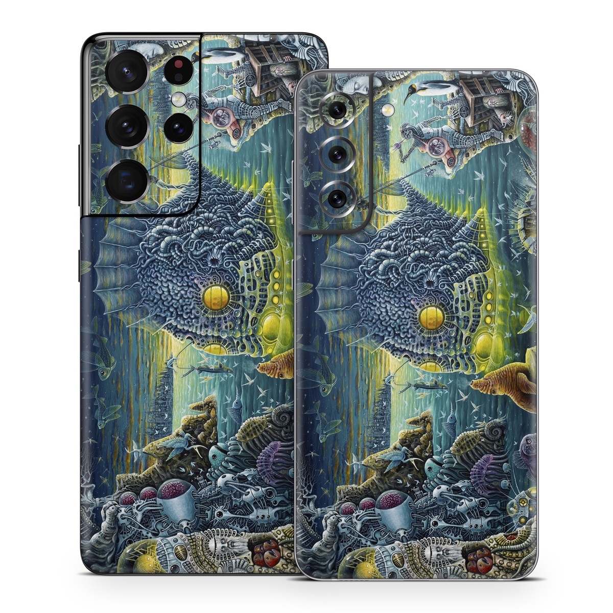 Samsung Galaxy S21 Skin design of Organism, Water, Illustration, Art, Painting, Cg artwork, Fiction, Fictional character, Marine biology, Mythology with black, gray, blue, green colors