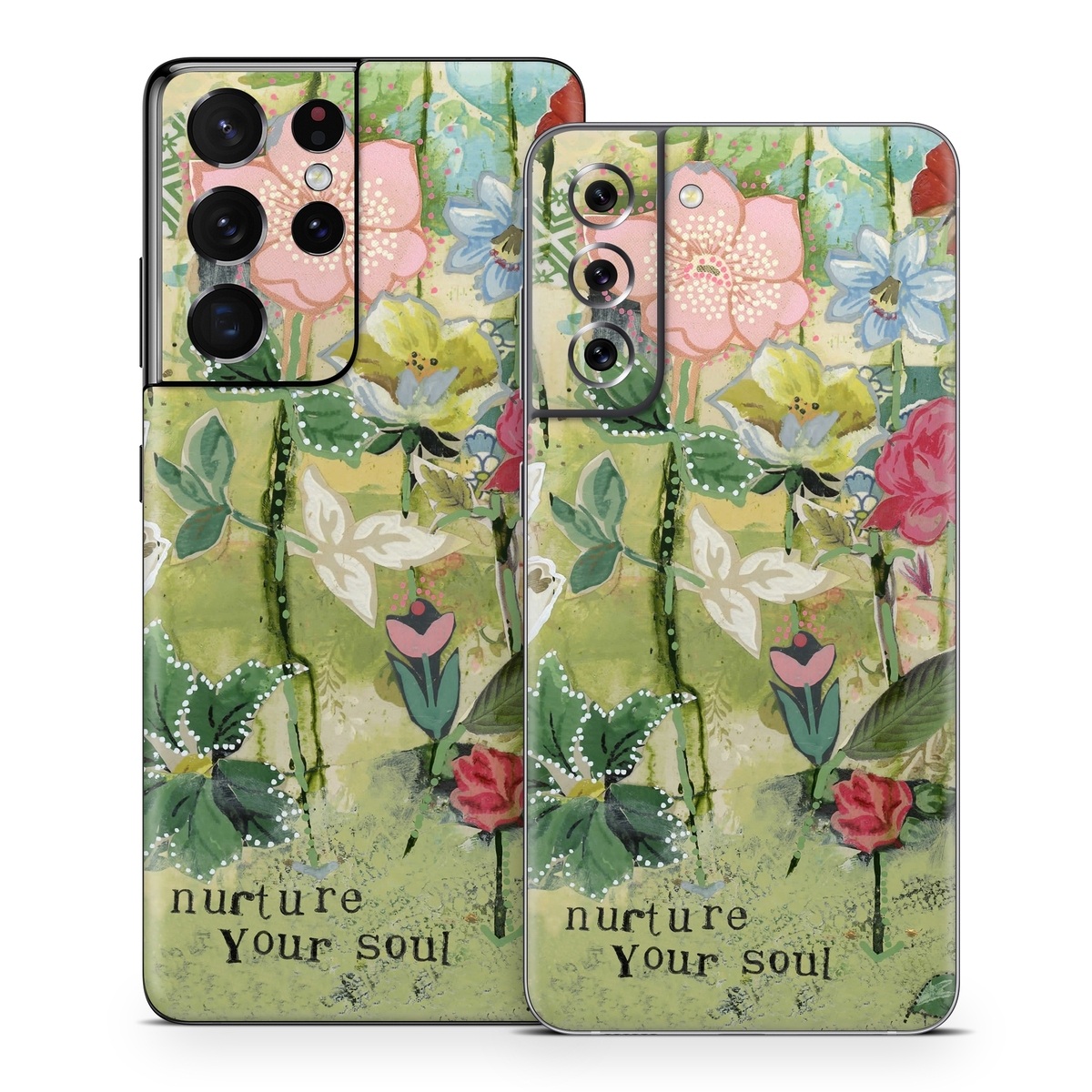 Samsung Galaxy S21 Series Skin design of Flower, Plant, Botany, Pink, Wildflower, Flowering plant, Watercolor paint, Petal, Floral design, Pattern, with green, pink, red, blue, white, black colors