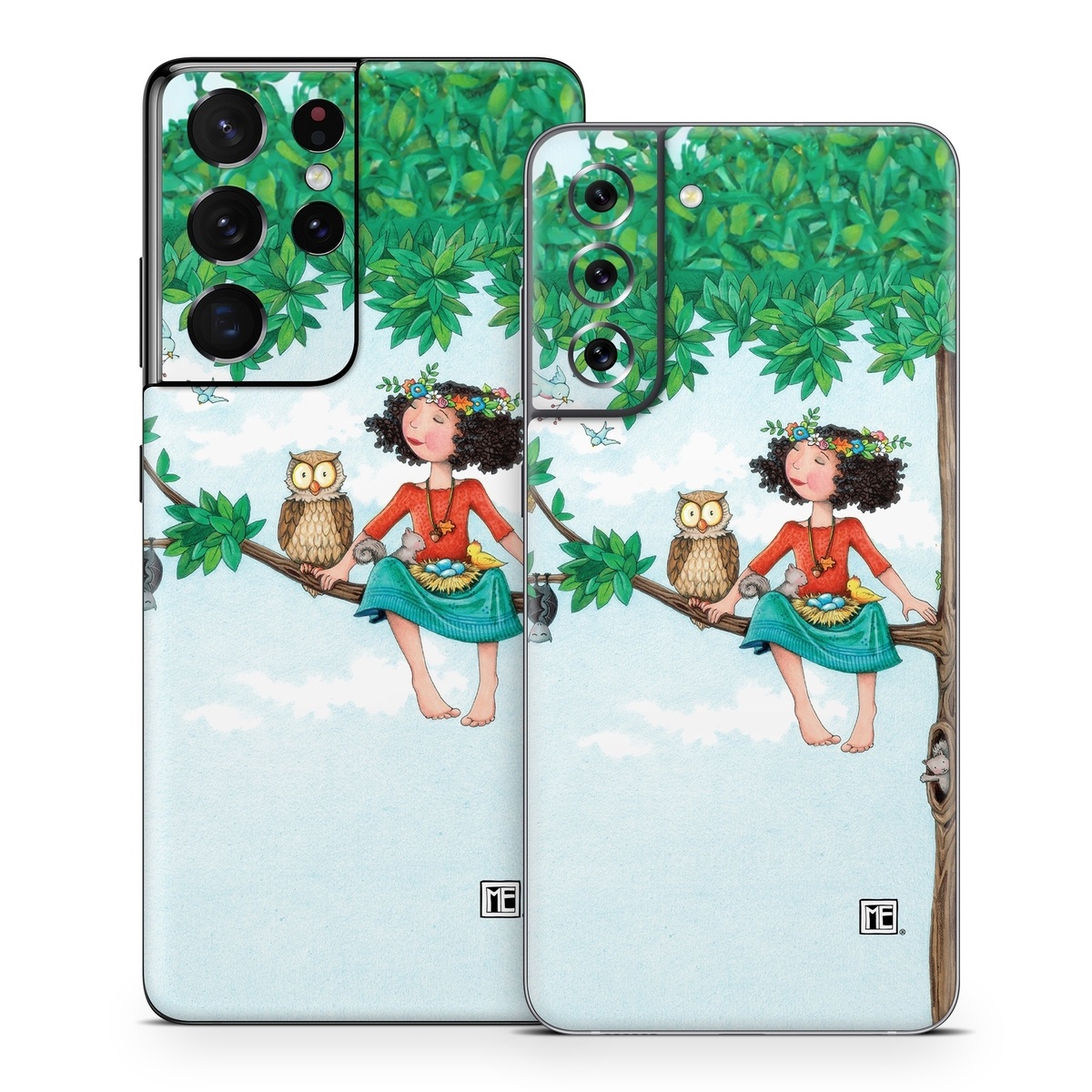 Samsung Galaxy S21 Series Skin design of Cartoon, Illustration, Branch, Bird, Owl, Tree, Art, Plant, Clip art, Fictional character, with blue, gray, red, black, white, green colors