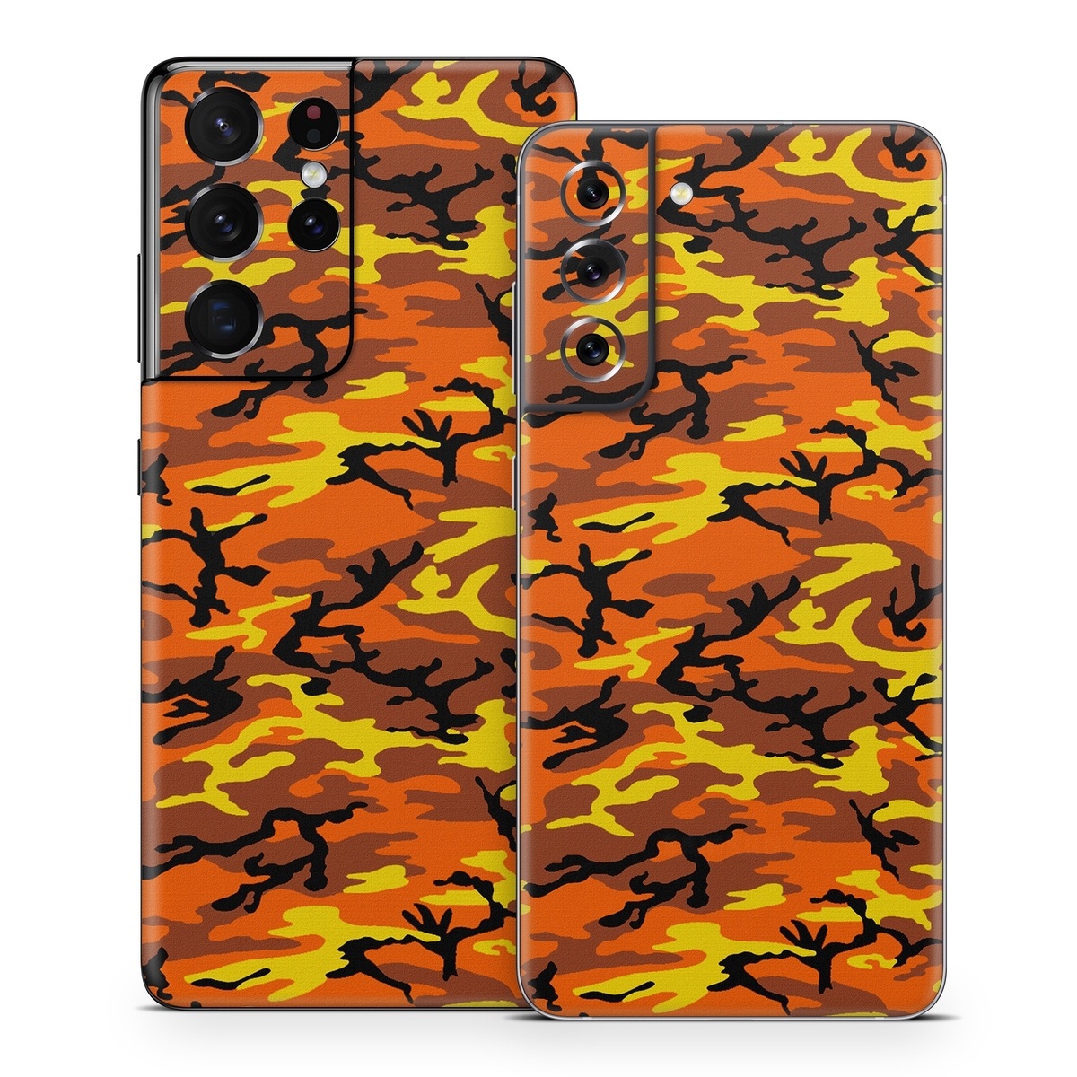Samsung Galaxy S21 Series Skin design of Military camouflage, Orange, Pattern, Camouflage, Yellow, Brown, Uniform, Design, Tree, Wildlife, with red, green, black colors