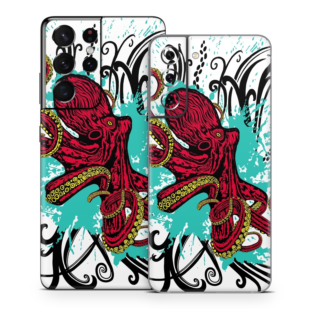 Samsung Galaxy S21 Series Skin design of Graphic design, Illustration, Visual arts, Octopus, Design, Art, Fictional character, Pattern, Clip art, Line art, with black, white, gray, red, blue, green colors