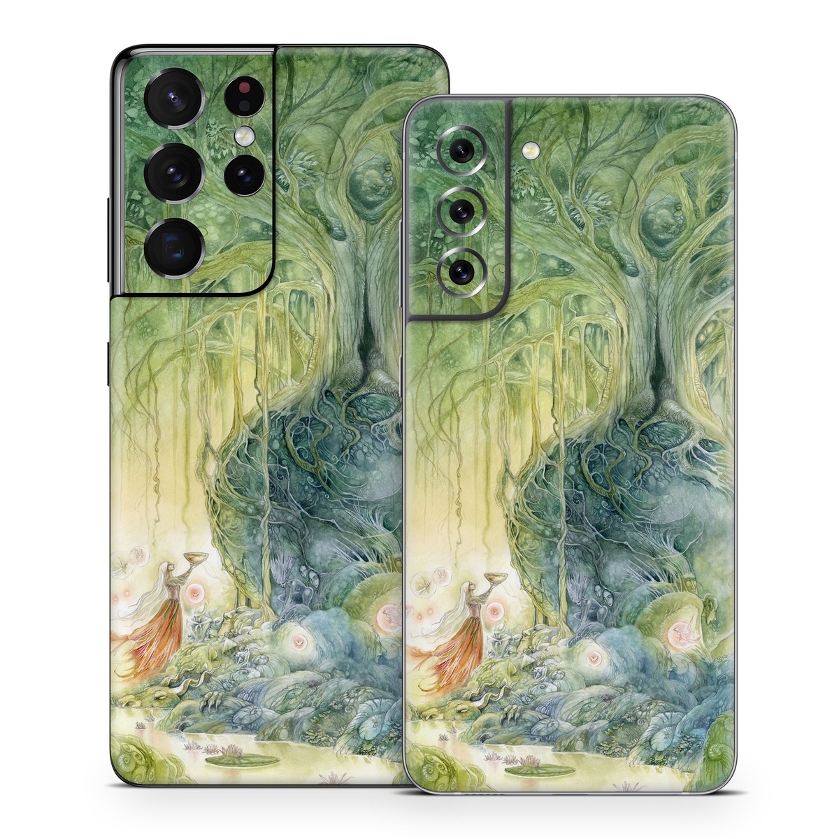 Samsung Galaxy S21 Series Skin design of Green, Watercolor paint, Painting, Water, Art, Illustration, Grass, Tree, Plant, Fictional character, with blue, green, red, yellow colors