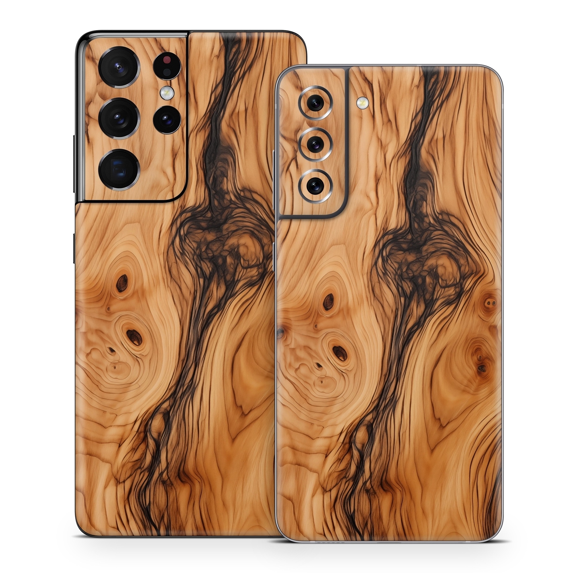 Samsung Galaxy S21 Series Skin design of Brown, Wood, Trunk, Wood stain, Floor, Liquid, Art, Woody plant, Landscape, Flooring, with black, brown, orange colors