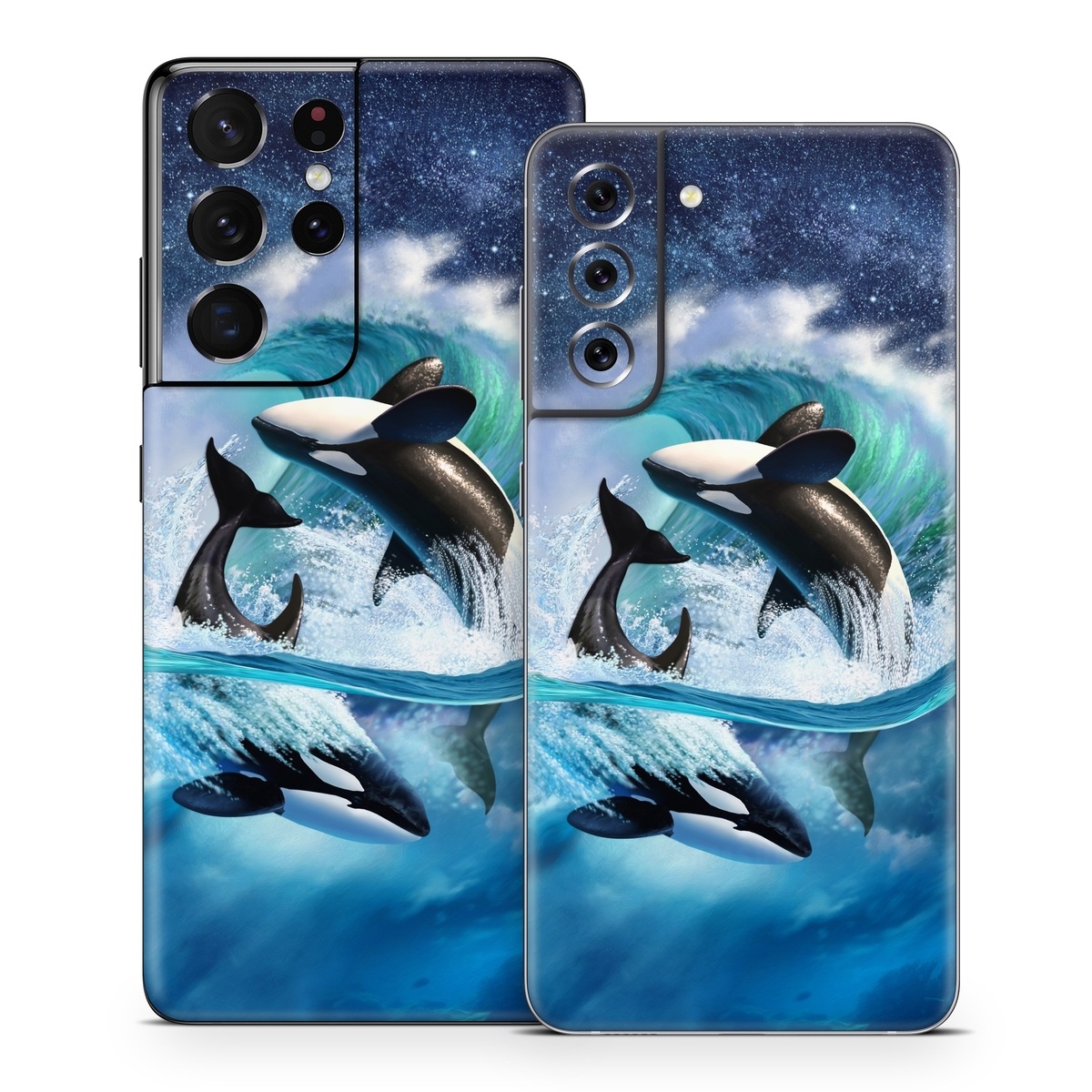 Samsung Galaxy S21 Series Skin design of Dolphin, Short-beaked common dolphin, Sky, Cetacea, Killer whale, Marine mammal, Water, Illustration, Bottlenose dolphin, Common bottlenose dolphin, with black, blue, white, green colors