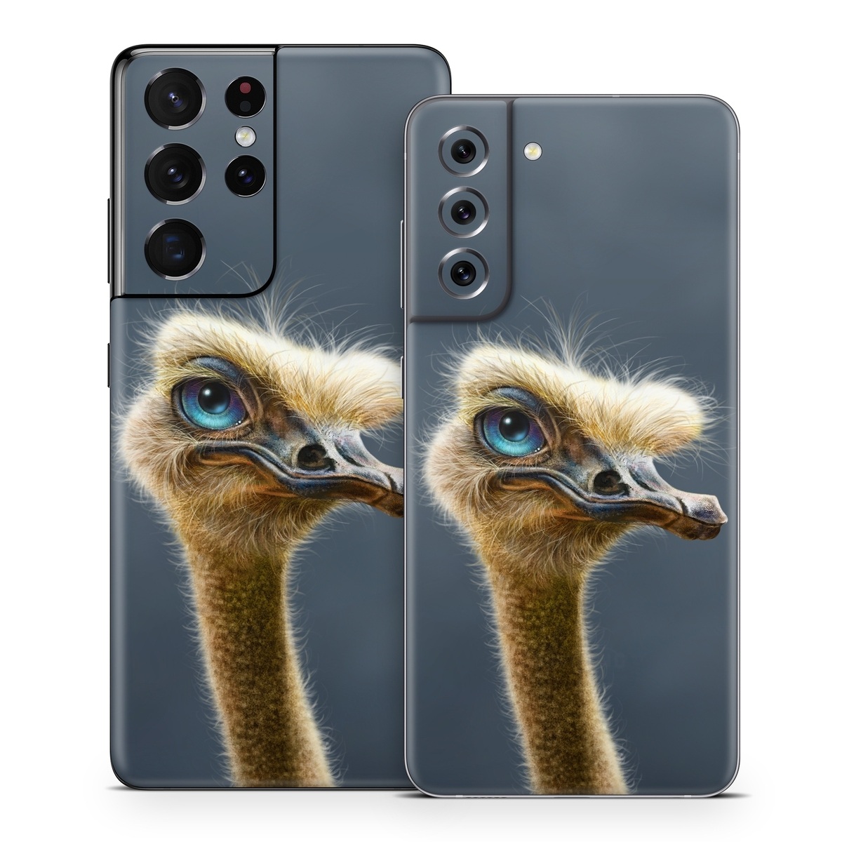 Samsung Galaxy S21 Series Skin design of Ostrich, Flightless bird, Ratite, Bird, Beak, Close-up, Emu, Wildlife, Organism, Terrestrial animal, with black, gray, blue, green, red colors