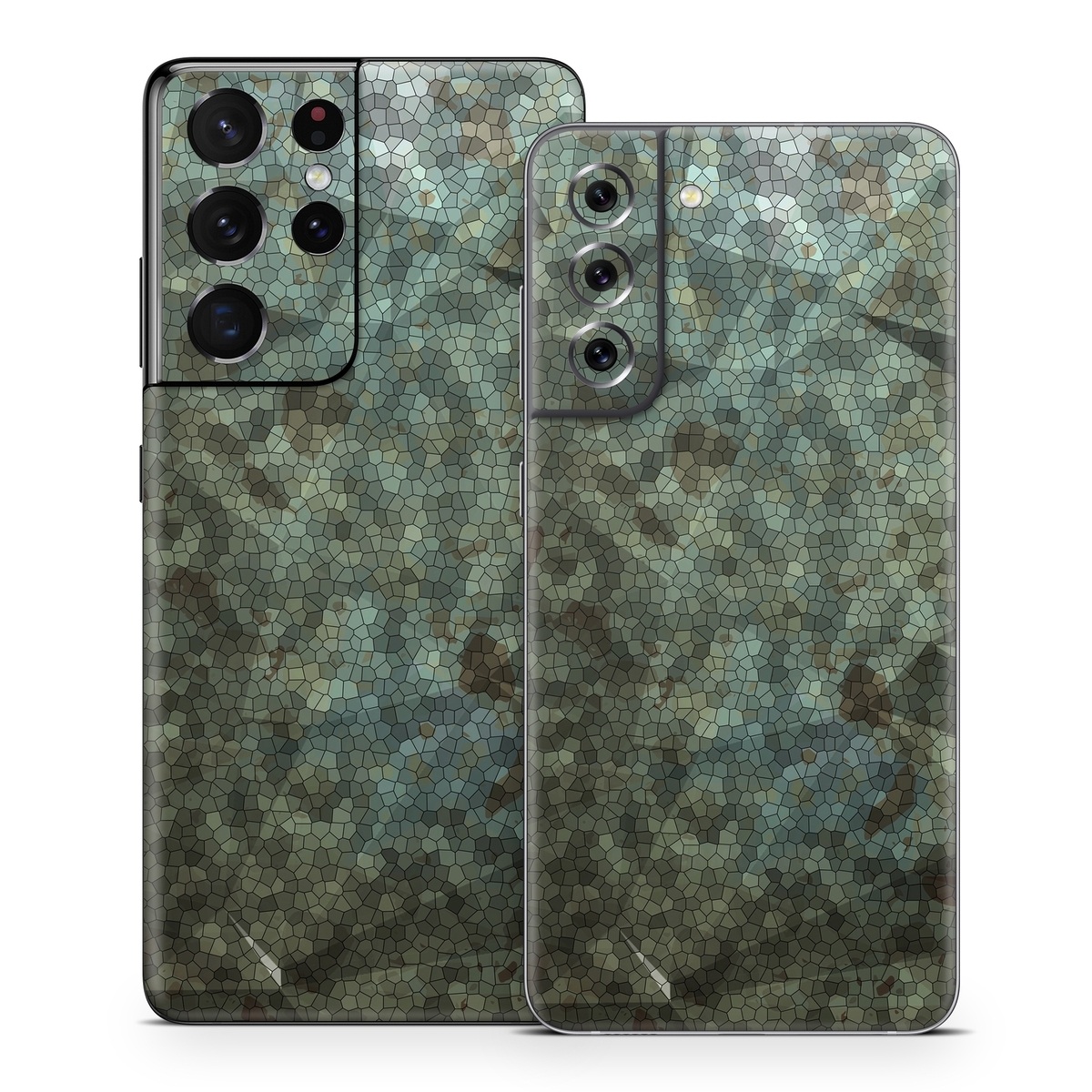 Samsung Galaxy S21 Series Skin design of Green, Pattern, Brown, Wall, Design, Rock, Geology, Camouflage, Granite, Metal, with black, brown, blue, gray, white colors