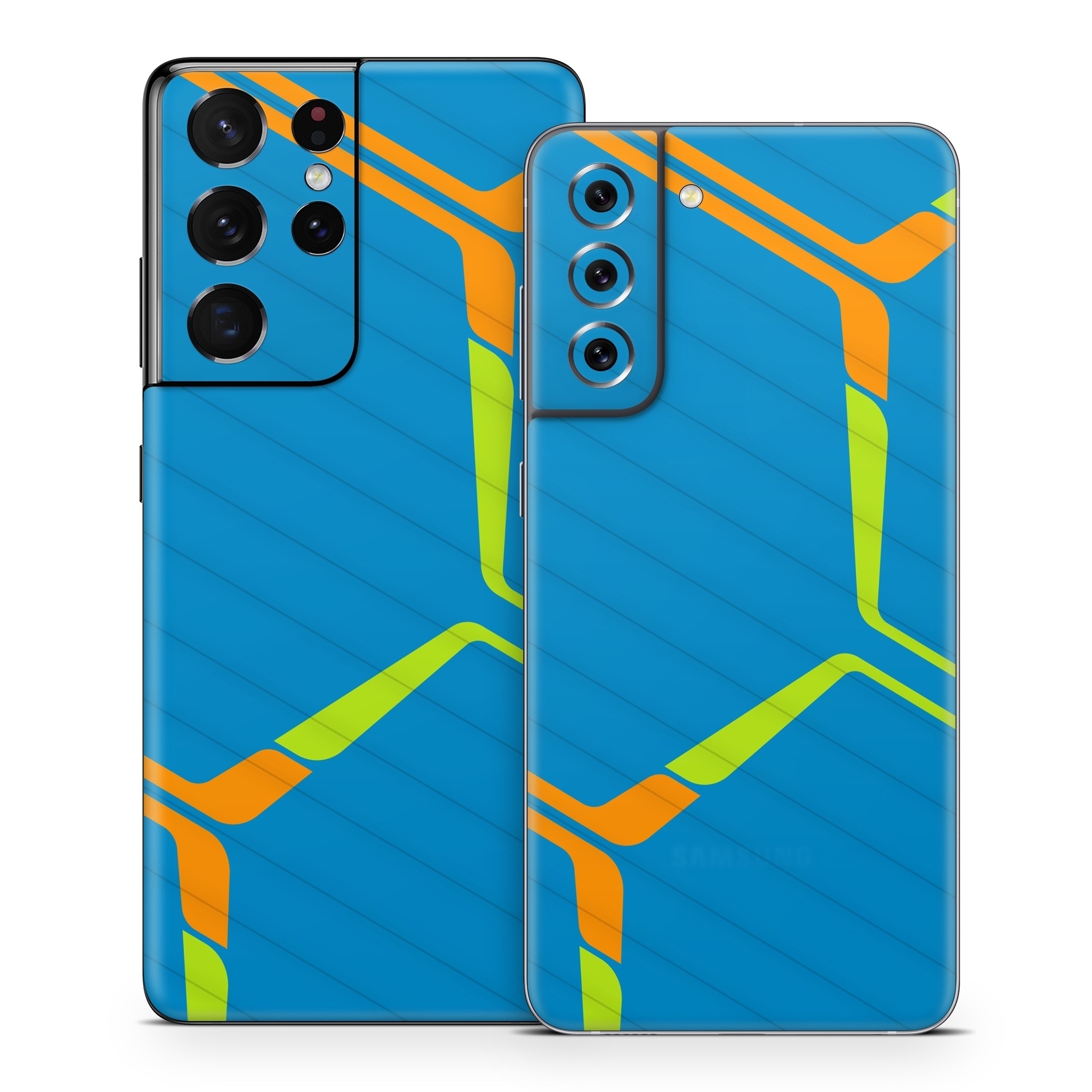 Samsung Galaxy S21 Series Skin design of Azure, Triangle, Rectangle, Parallel, Electric blue, Symmetry, Font, Pattern, Circle, Sky, with blue, orange, green colors