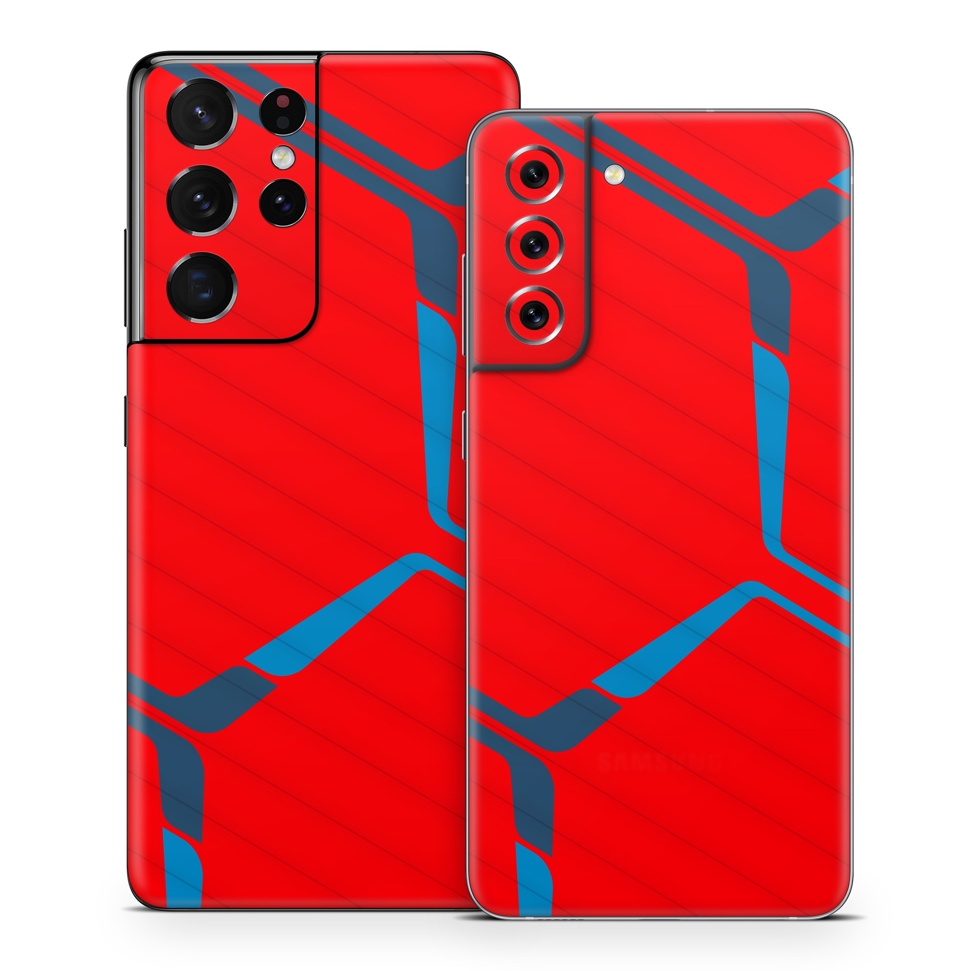 Samsung Galaxy S21 Series Skin design of Triangle, Font, Rectangle, Tints and shades, Magenta, Electric blue, Pattern, Parallel, Symmetry, Carmine, with red, blue colors