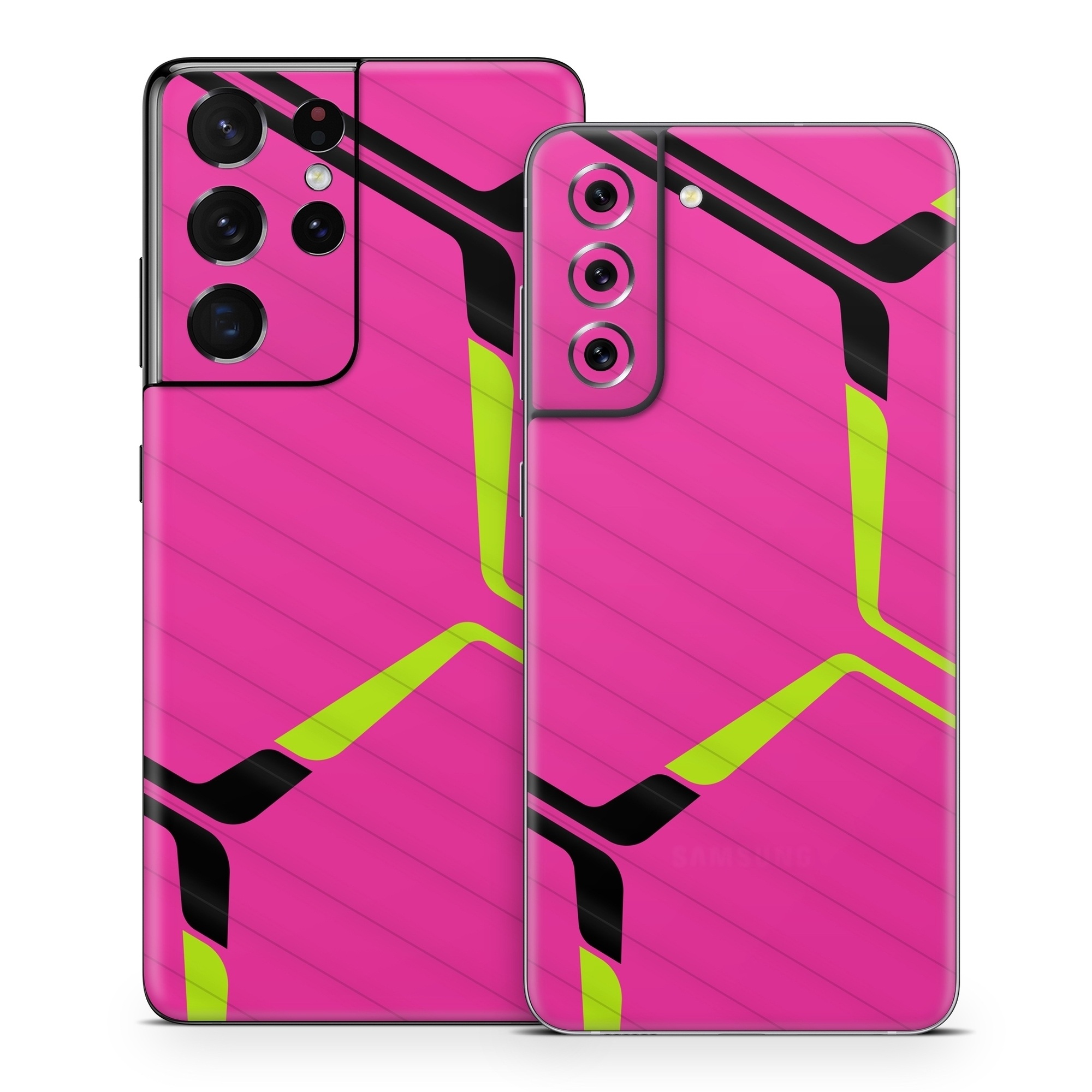 Samsung Galaxy S21 Series Skin design of Purple, Textile, Sleeve, Jersey, Violet, Triangle, Font, Magenta, Collar, Parallel, with pink, black, yellow colors
