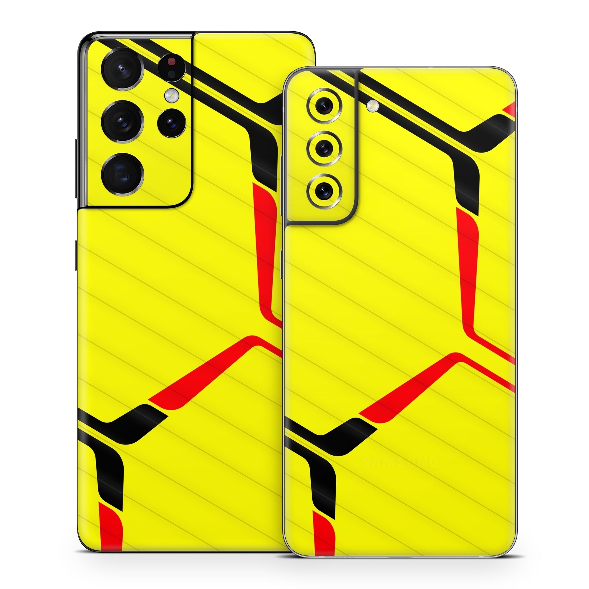 Samsung Galaxy S21 Series Skin design of Rectangle, Yellow, Parallel, Font, Tints and shades, Wood, Triangle, Pattern, Graphics, Symmetry, with yellow, black, red colors