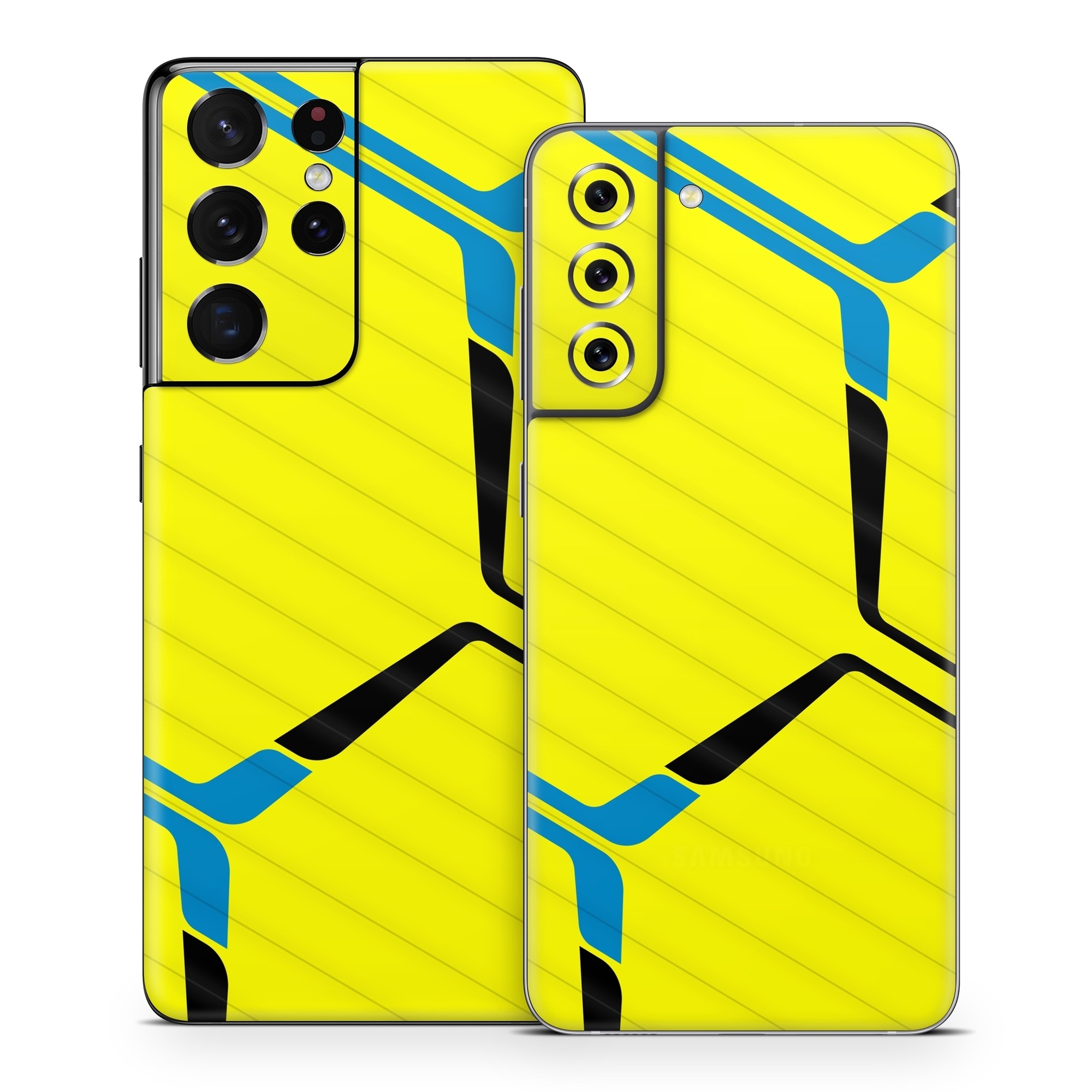 Samsung Galaxy S21 Series Skin design of Azure, Triangle, Font, Parallel, Symmetry, Pattern, Electric blue, Symbol, Rectangle, Design, with yellow, blue colors