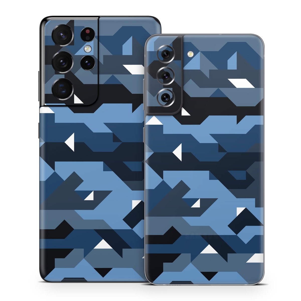 Samsung Galaxy S21 Series Skin design of Blue, Pattern, Design, Font, Line, Camouflage, Illustration, Triangle, with blue, black, white, gray colors