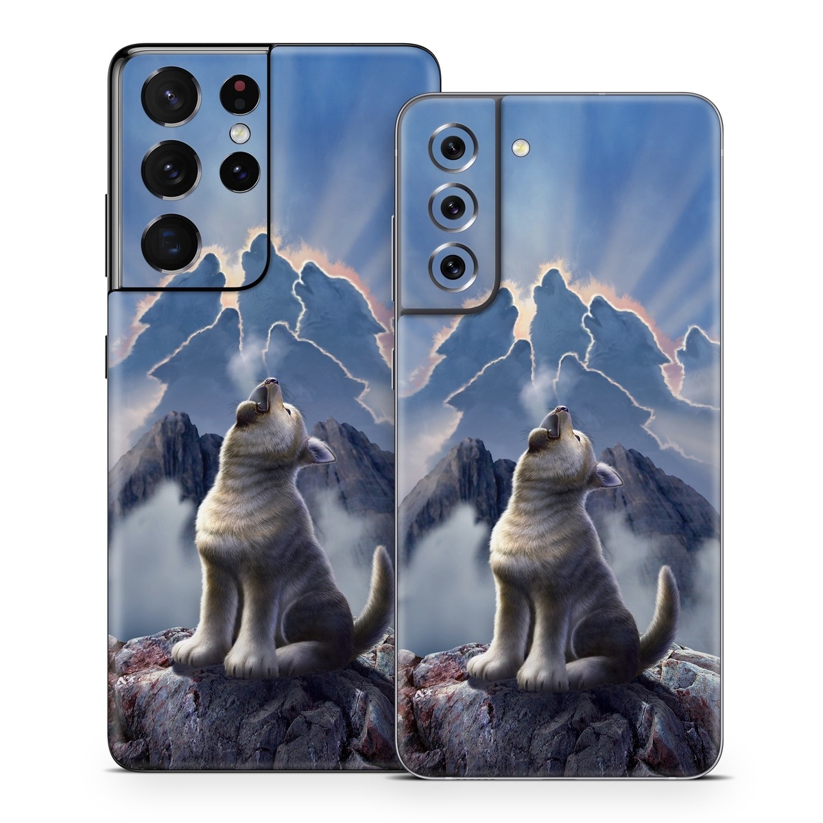 Samsung Galaxy S21 Series Skin design of Sky, Cloud, Atmosphere, Rock, Wolf, Photography, Cg artwork, Illustration, Mountain, Mythology, with white, blue, gray, brown colors