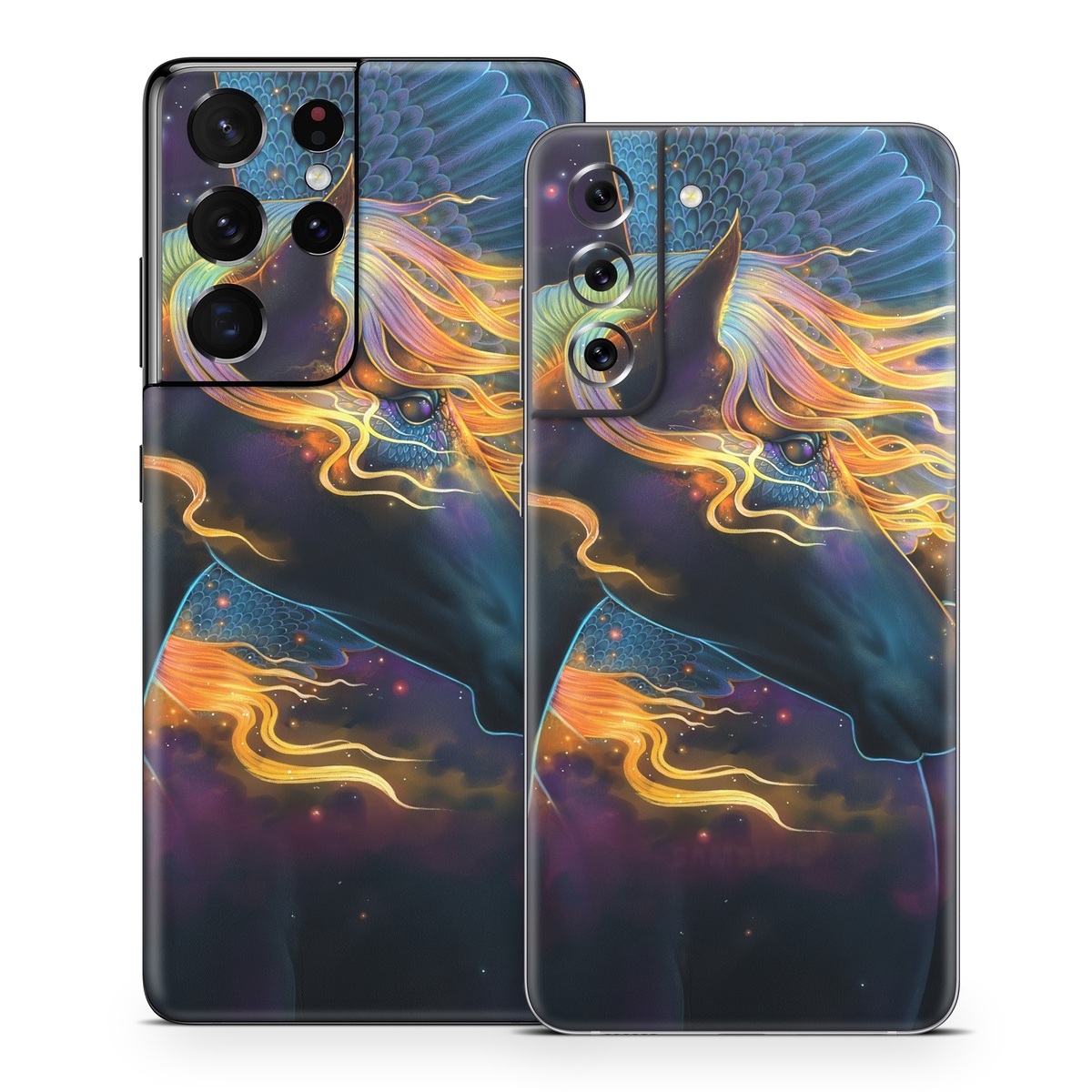 Samsung Galaxy S21 Series Skin design of Organism, Astronomical object, Art, Electric blue, Space, Darkness, Liquid, Science, Graphics, Visual arts, with black, blue, yellow, white, orange, purple, red colors