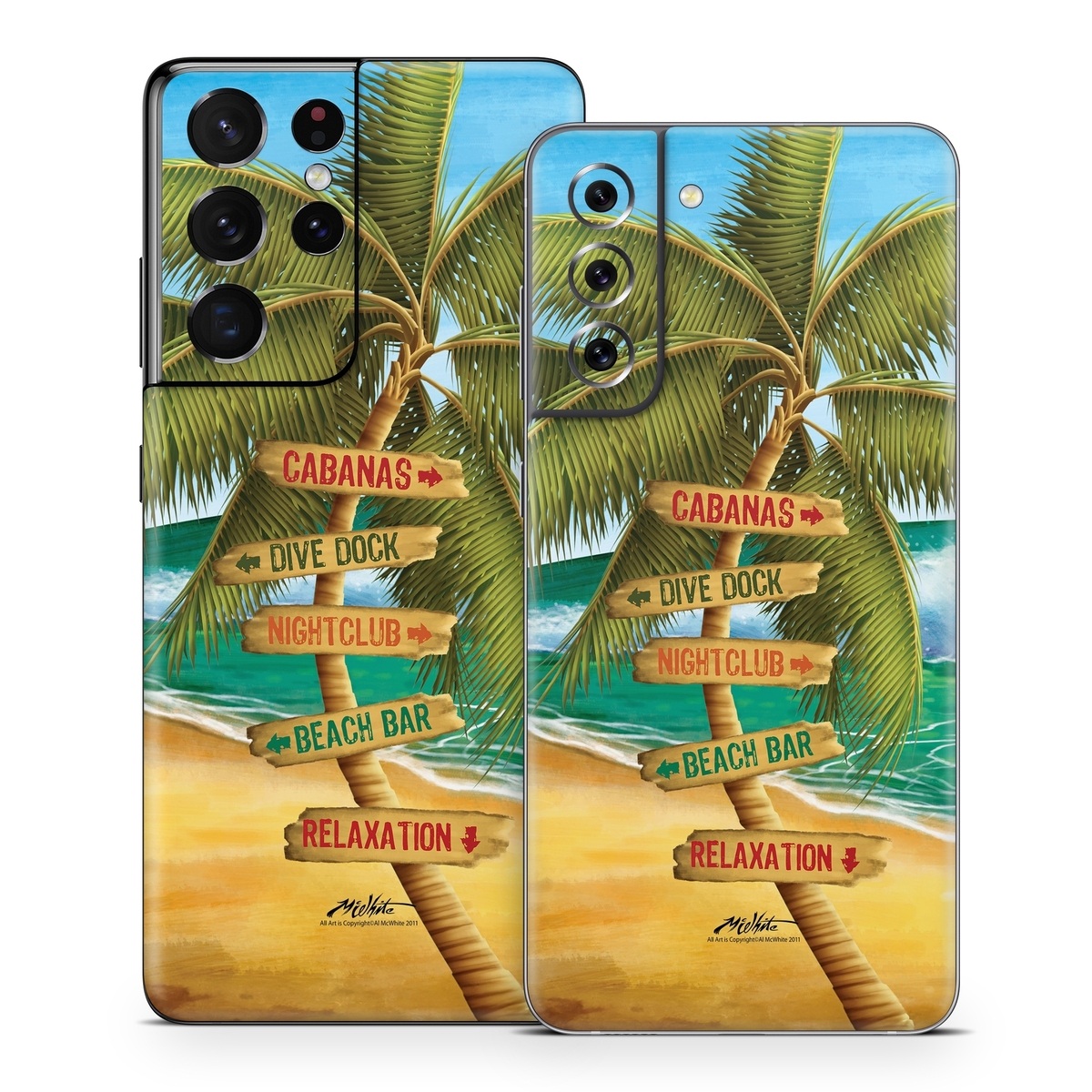 Samsung Galaxy S21 Series Skin design of Palm tree, Arecales, Tropics, Tree, Caribbean, Wave, Water, Coconut, Ocean, Elaeis, with green, purple, gray, black, blue colors