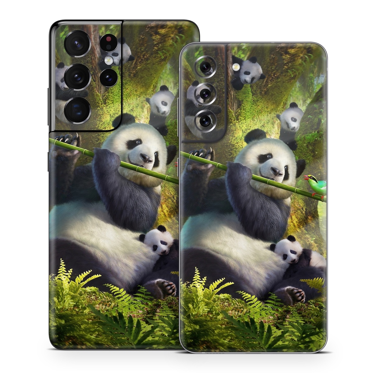 Samsung Galaxy S21 Series Skin design of Plant, Organism, Grass, Adaptation, Terrestrial animal, Painting, People in nature, Art, Beak, Panda, with white, black, brown, green, gray, yellow colors