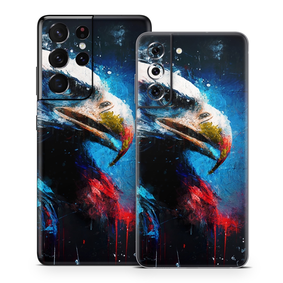 Samsung Galaxy S21 Series Skin design of Bird, Beak, Organism, Art, Feather, Paint, Painting, Accipitridae, Bird of prey, Electric blue, with blue, red, white, black, gray, yellow colors