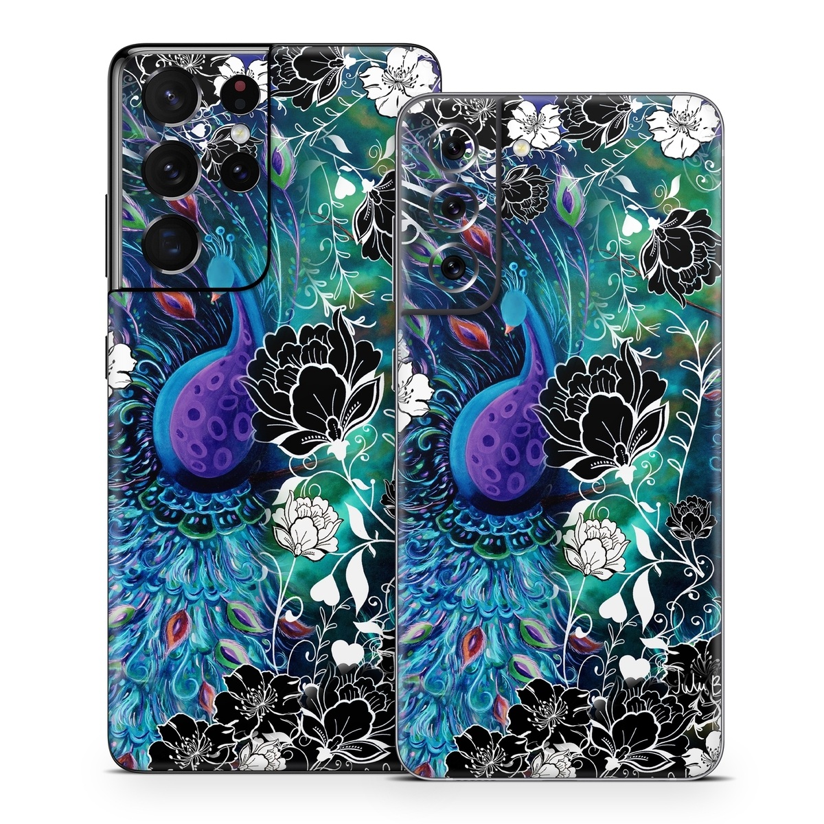 Samsung Galaxy S21 Series Skin design of Pattern, Psychedelic art, Organism, Turquoise, Purple, Graphic design, Art, Design, Illustration, Fractal art, with black, blue, gray, green, white colors
