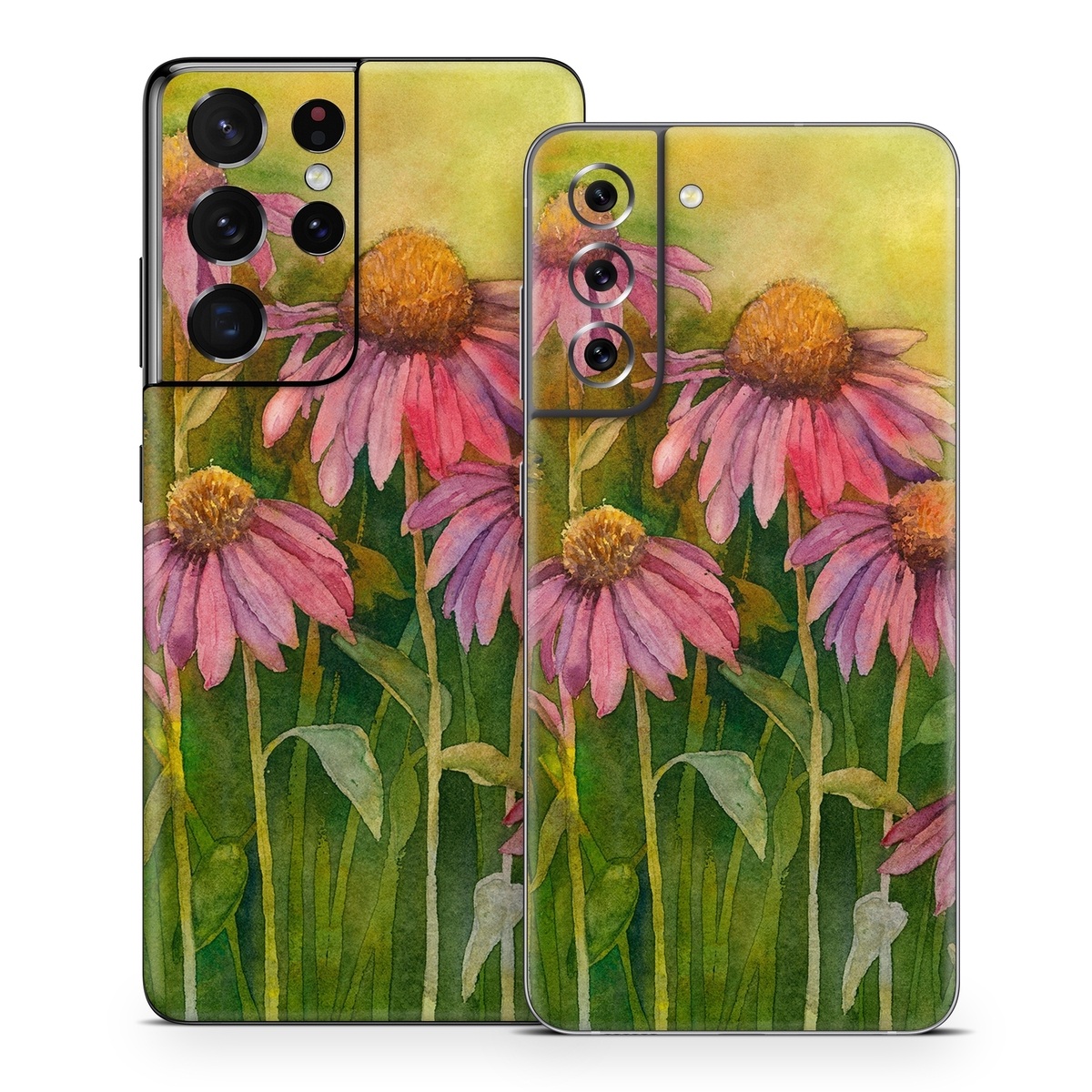 Samsung Galaxy S21 Series Skin design of Flowering plant, Purple coneflower, Coneflower, Flower, Plant, Watercolor paint, Wildflower, black-eyed susan, Petal, Daisy family, with black, green, red, gray, purple colors