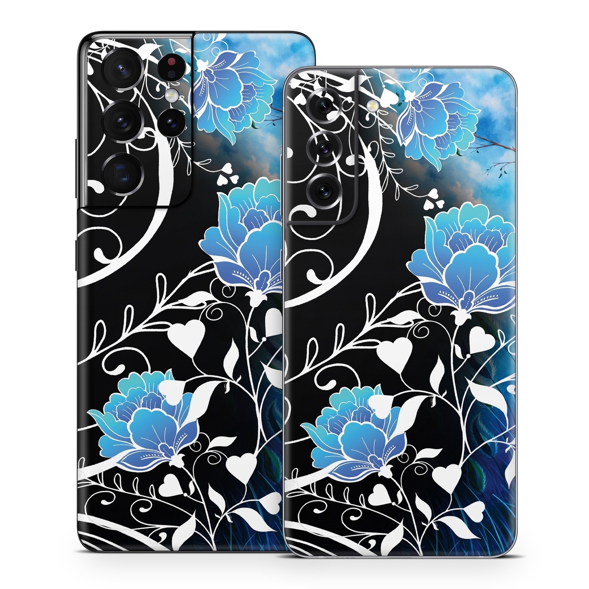 Samsung Galaxy S21 Series Skin design of Blue, Pattern, Graphic design, Design, Illustration, Organism, Visual arts, Graphics, Plant, Art, with black, blue, gray, white colors