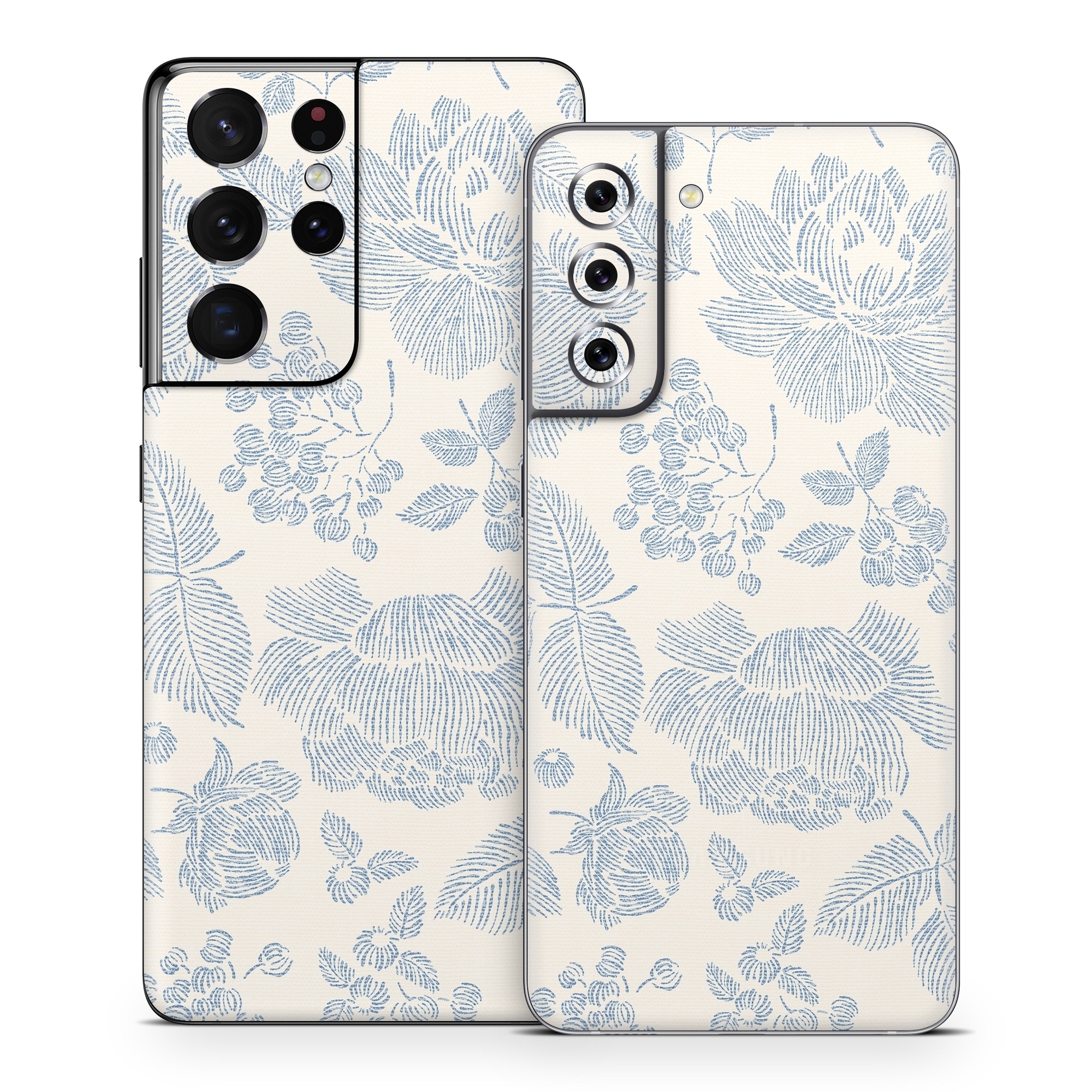 Samsung Galaxy S21 Series Skin design of White, Botany, Leaf, Textile, Branch, Organism, Art, Aqua, Line, Rectangle, with white, blue colors