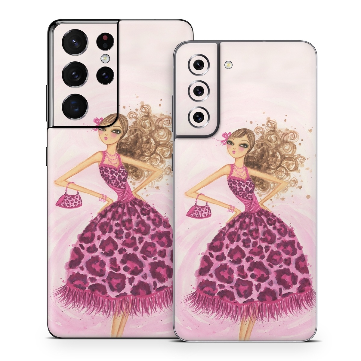 Samsung Galaxy S21 Series Skin design of Pink, Doll, Dress, Fashion illustration, Barbie, Fashion design, Illustration, Gown, Costume design, Toy, with pink, gray, red, purple, green colors