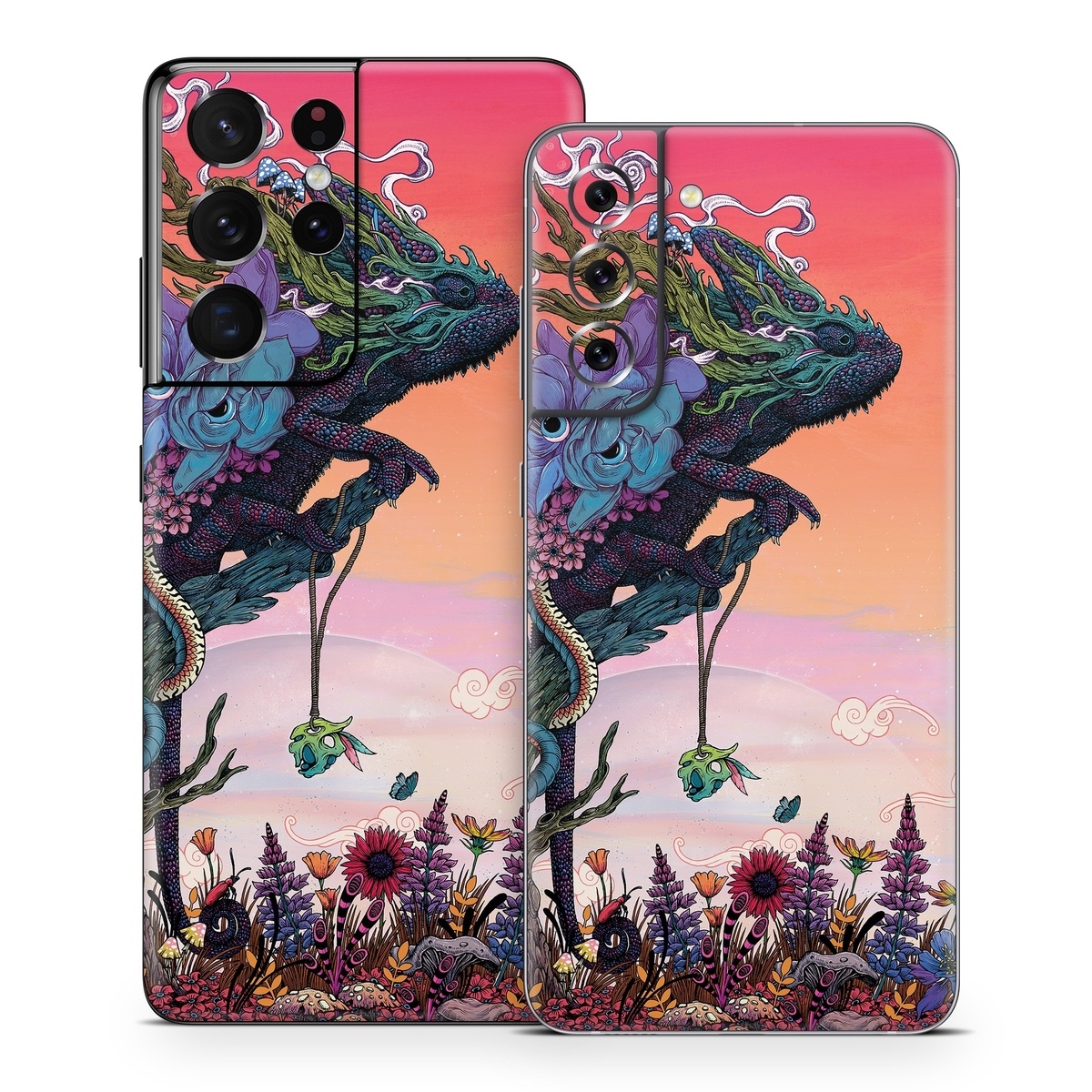 Samsung Galaxy S21 Series Skin design of Illustration, Fictional character, Fiction, Art, Organism, Plant, Tree, Graphic design, Cg artwork, with red, orange, green, purple, white, blue, brown colors