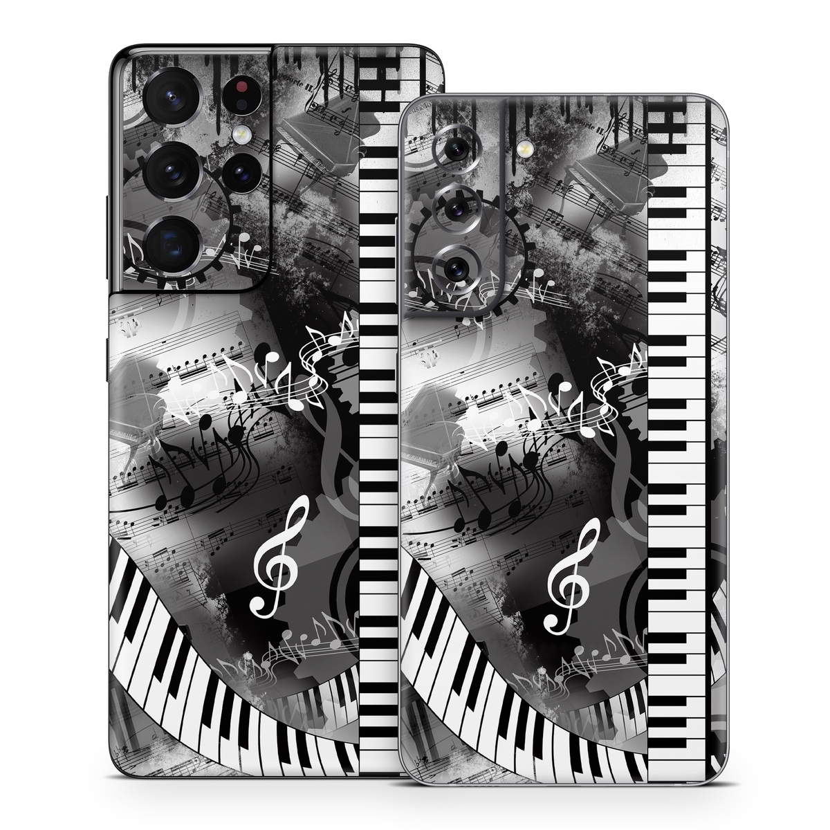 Samsung Galaxy S21 Series Skin design of Music, Monochrome, Black-and-white, Illustration, Graphic design, Musical instrument, Technology, Musical keyboard, Piano, Electronic instrument, with black, gray, white colors