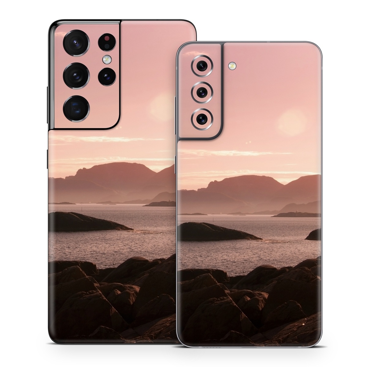 Samsung Galaxy S21 Series Skin design of Sky, Nature, Sea, Atmospheric phenomenon, Horizon, Natural landscape, Coast, Cloud, Morning, Calm, with gray, black, red, pink, green colors