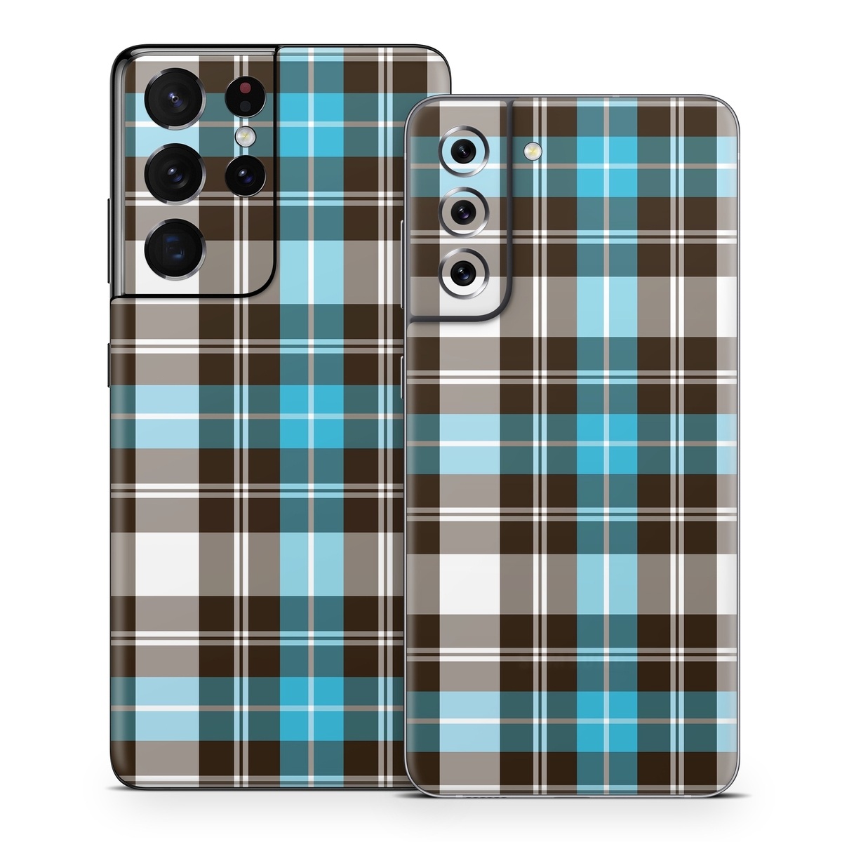 Samsung Galaxy S21 Series Skin design of Plaid, Pattern, Tartan, Turquoise, Textile, Design, Brown, Line, Tints and shades, with gray, black, blue, white colors