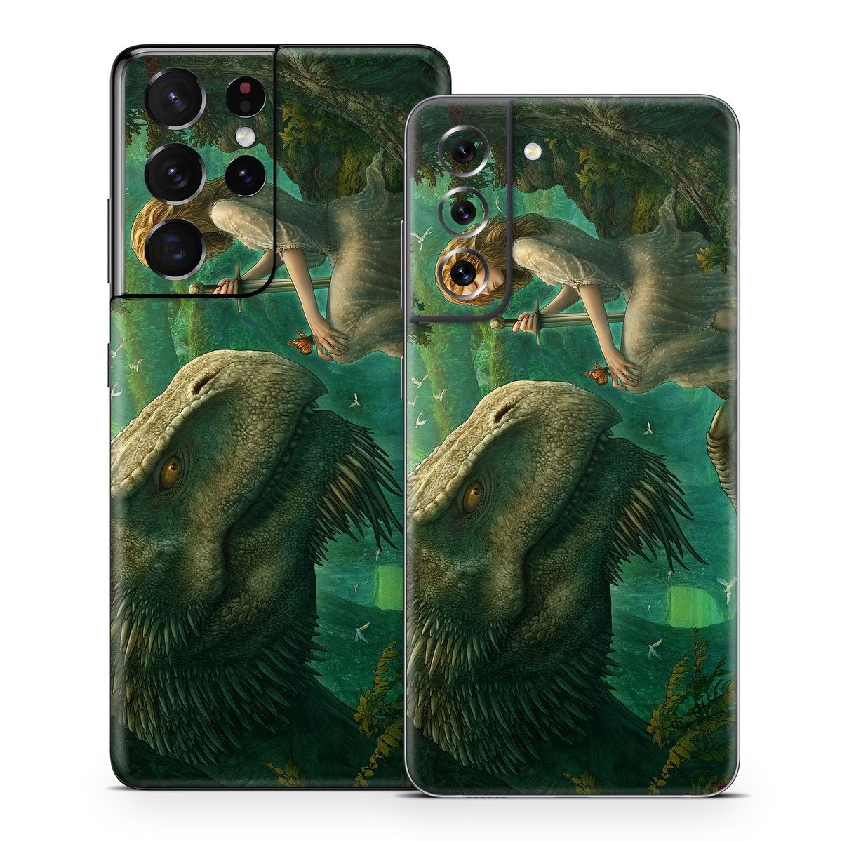 Samsung Galaxy S21 Series Skin design of Dinosaur, Cg artwork, Mythology, Fictional character, Troodon, Extinction, Velociraptor, Illustration, Animated cartoon, Tyrannosaurus, with black, green, gray, red colors