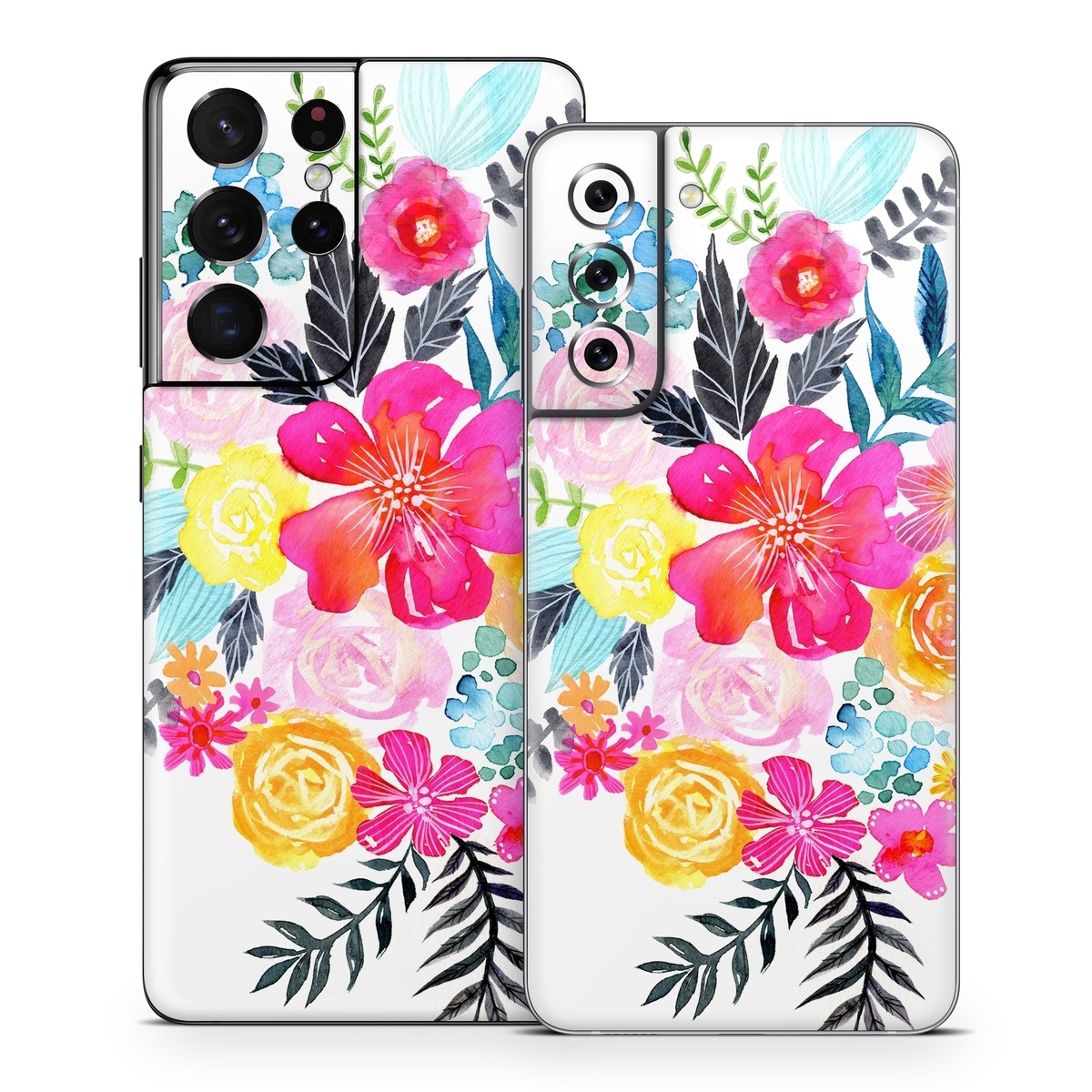 Samsung Galaxy S21 Series Skin design of Flower, Clip art, Bouquet, Plant, Illustration, Floral design, Pink, Petal, Botany, Design, with white, pink, orange, red, yellow, blue, black, green colors