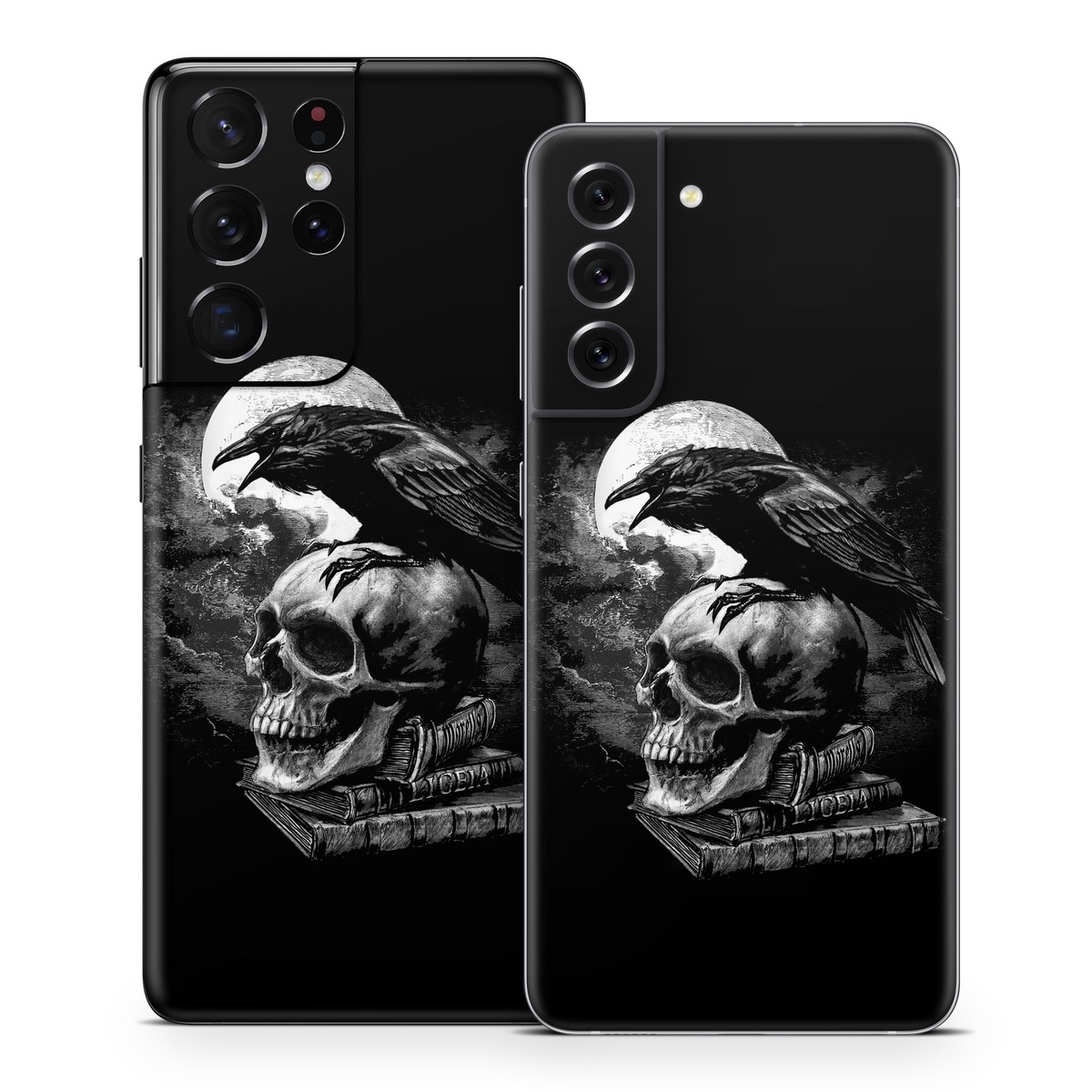 Samsung Galaxy S21 Series Skin design of Bone, Skull, Bird, Darkness, Monochrome, Wing, Black-and-white, Illustration, Beak, Fictional Character, Drawing, Symbol, with black, white, gray colors