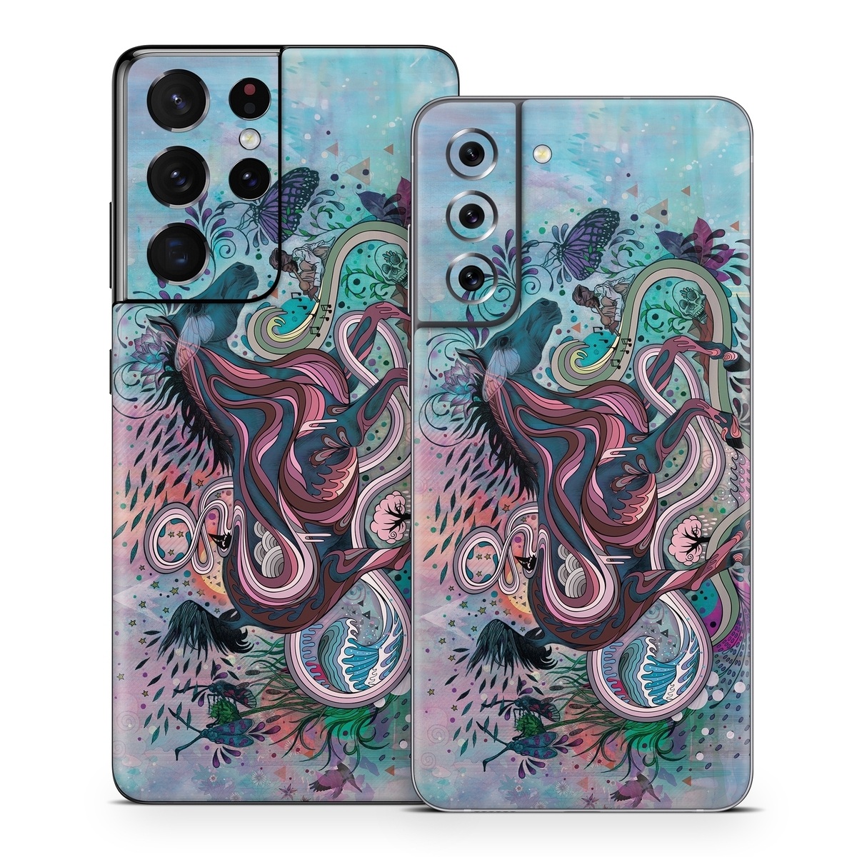 Samsung Galaxy S21 Series Skin design of Illustration, Art, Visual arts, Graphic design, Fictional character, Psychedelic art, Pattern, Drawing, Painting, Mythology, with gray, black, blue, red, purple colors