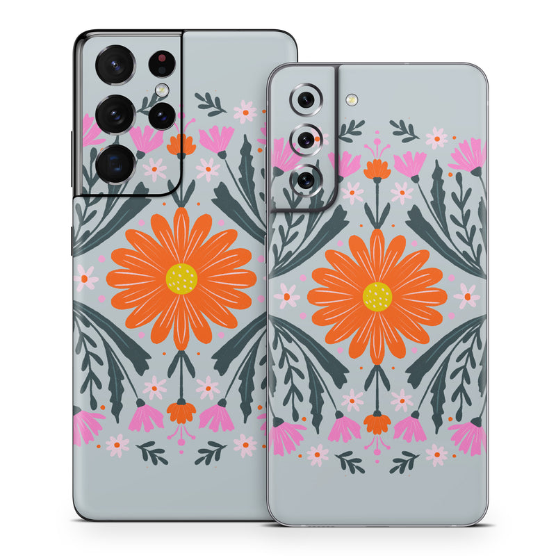 Samsung Galaxy S21 Series Skin design of Petal, Gesture, Font, Flower, Pattern, Art, Creative arts, Floral design, Illustration, Flowering plant, with pink, orange, green, white colors