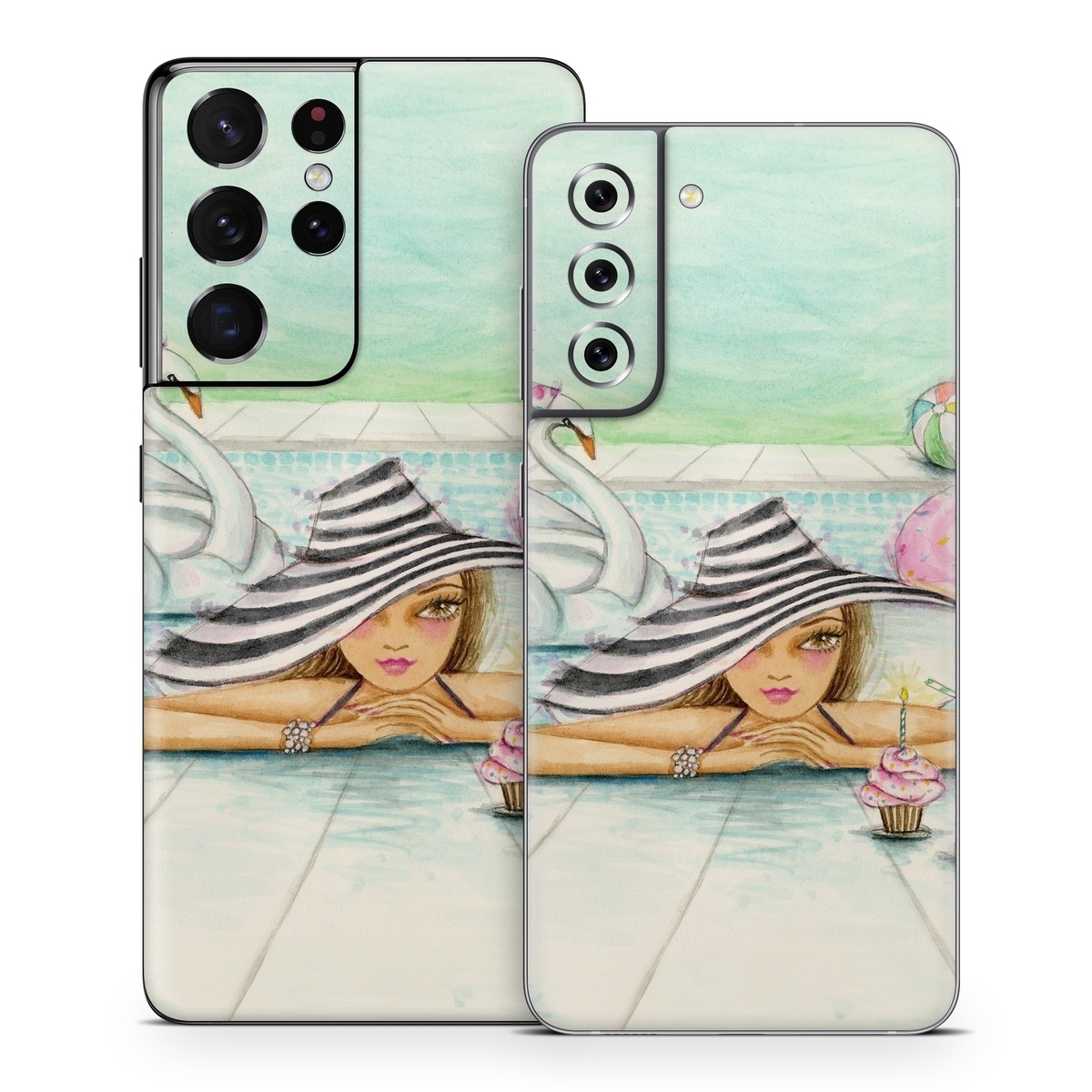 Samsung Galaxy S21 Series Skin design of Watercolor paint, Illustration, Cartoon, Art, Painting, Drawing, Fictional character, with blue, pink, white, black, brown, red, green, yellow colors