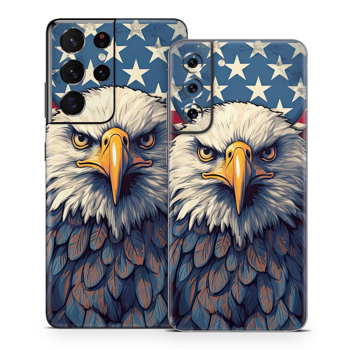 Samsung Galaxy S21 Series Skin design of Bird, Accipitridae, Beak, Sea eagle, Falconiformes, Feather, Eagle, Painting, Art, Bald eagle, with red, blue, white, brown, yellow, gray, orange colors