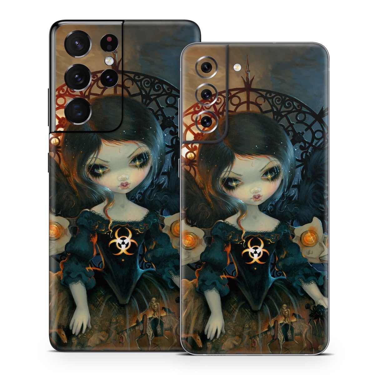 Samsung Galaxy S21 Series Skin design of Doll, Head, Illustration, Eye, Cg artwork, Fictional character, Toy, Iris, Art, Mythology, with brown, red, black, orange, blue, yellow colors