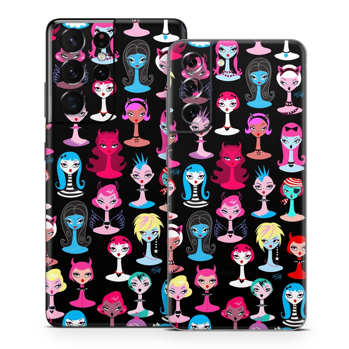 Samsung Galaxy S21 Series Skin design of Facial expression, Product, Font, Pink, Red, Magenta, Material property, Pattern, Fictional character, Illustration, with black, pink, blue, brown, red, green, white, yellow colors