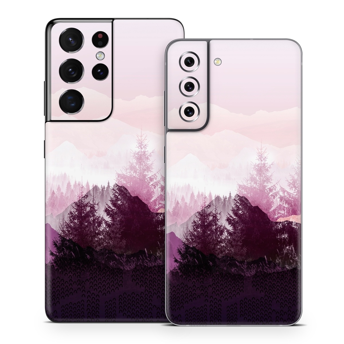 Samsung Galaxy S21 Series Skin design of Sky, Purple, Atmospheric phenomenon, Pink, Natural landscape, Violet, Mountain, Tree, Morning, Mountain range, with white, purple, black, pink colors