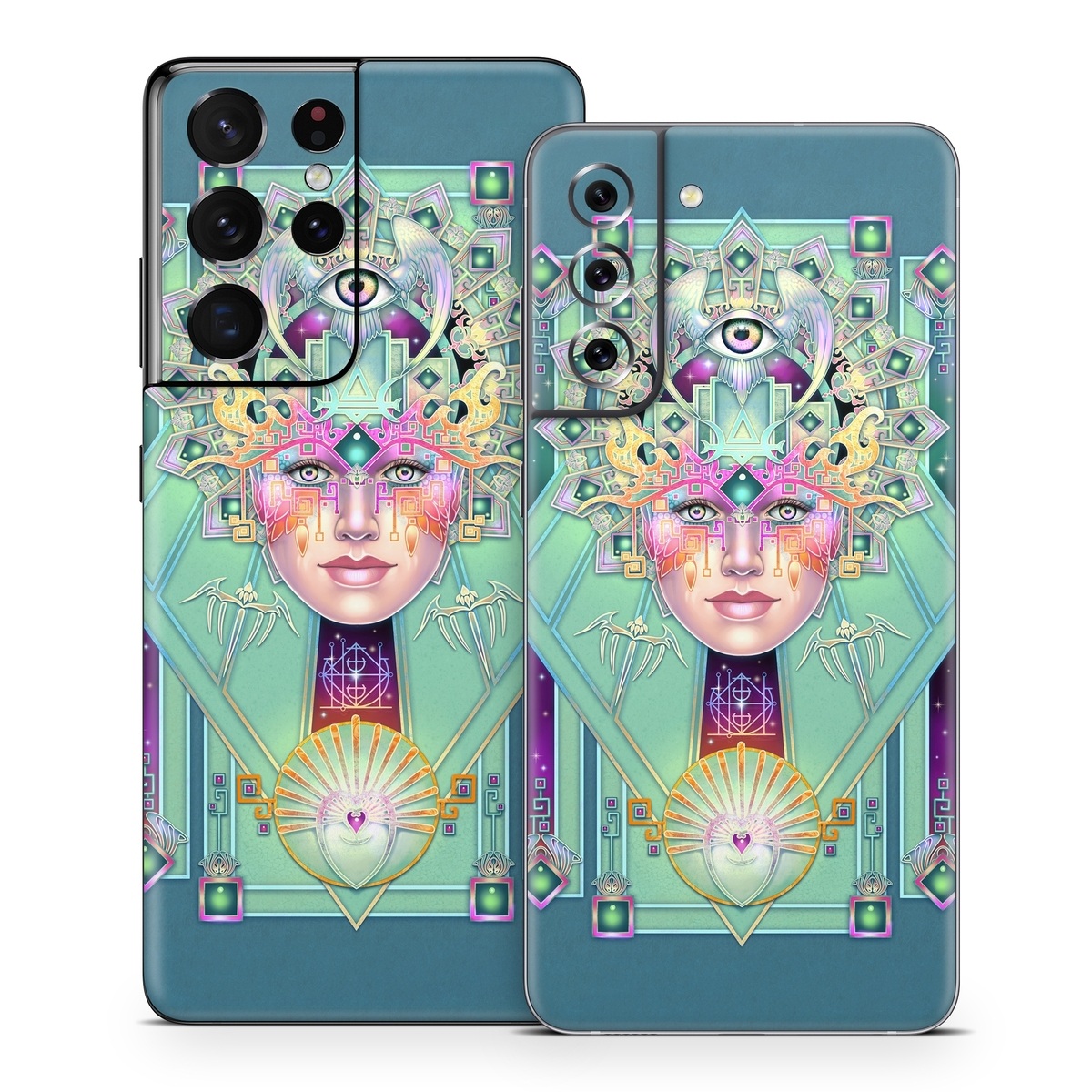 Samsung Galaxy S21 Series Skin design of Head, Eye, Eyelash, Font, Art, Magenta, Rectangle, Painting, Illustration, Pattern, with blue, green, yellow, red, purple, white colors