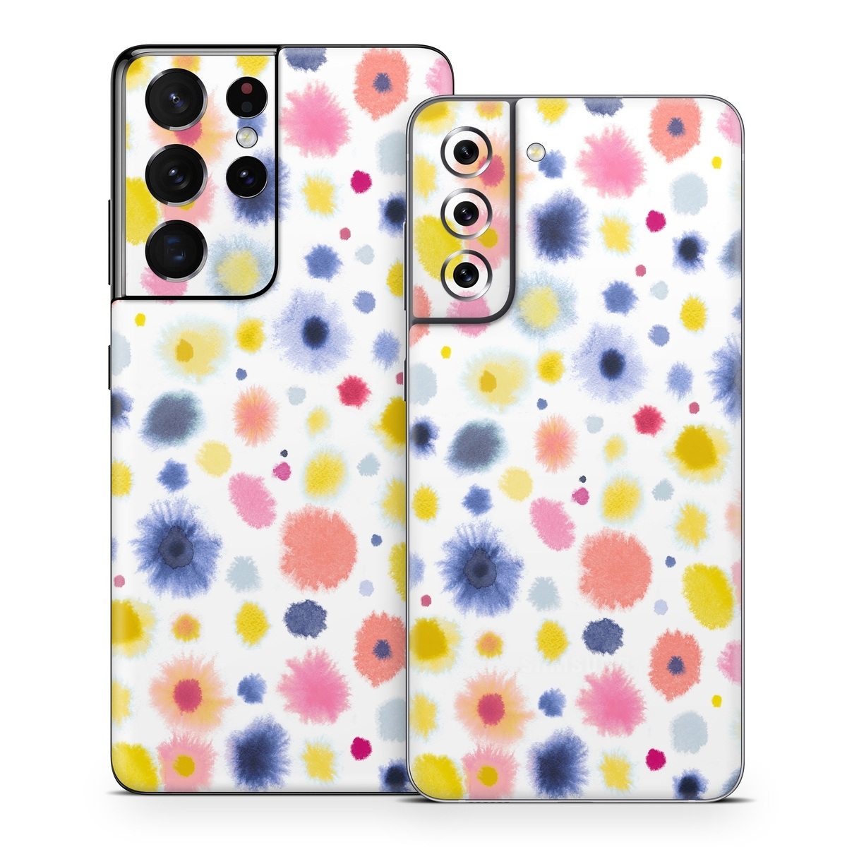 Samsung Galaxy S21 Series Skin design of Material property, Circle, Pattern, Design, Magenta, Electric blue, Font, Flowering plant, Painting, with white, pink, orange, blue, yellow, gray colors