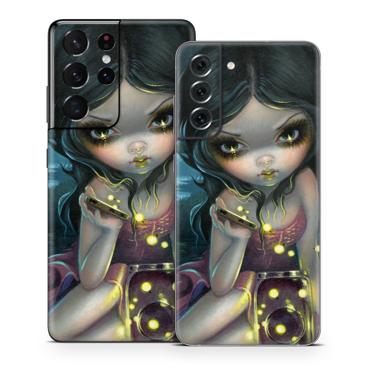 Samsung Galaxy S21 Series Skin design of Cg artwork, Illustration, Fictional character, Art, Iris, Black hair, Fawn, Mythology, Fiction, with blue, green, pink, yellow, black, white colors