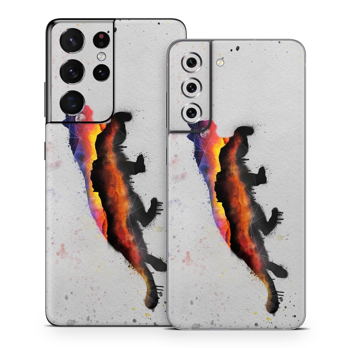 Samsung Galaxy S21 Series Skin design of Illustration, Watercolor paint, Art, Tail, Painting, Drawing, Acrylic paint, Geological phenomenon, Red fox, Paint, with gray, black, red, yellow, orange, white colors