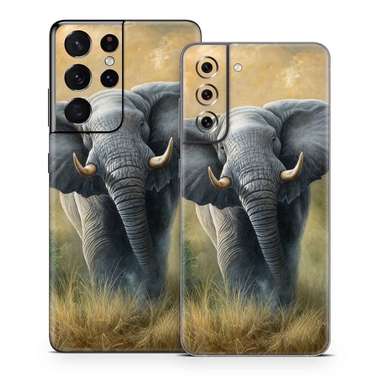 Samsung Galaxy S21 Series Skin design of Terrestrial animal, Elephants and Mammoths, Vertebrate, Wildlife, Mammal, African elephant, Indian elephant, Grassland, Working animal, Tusk, with gray, white, green, brown, yellow, orange colors