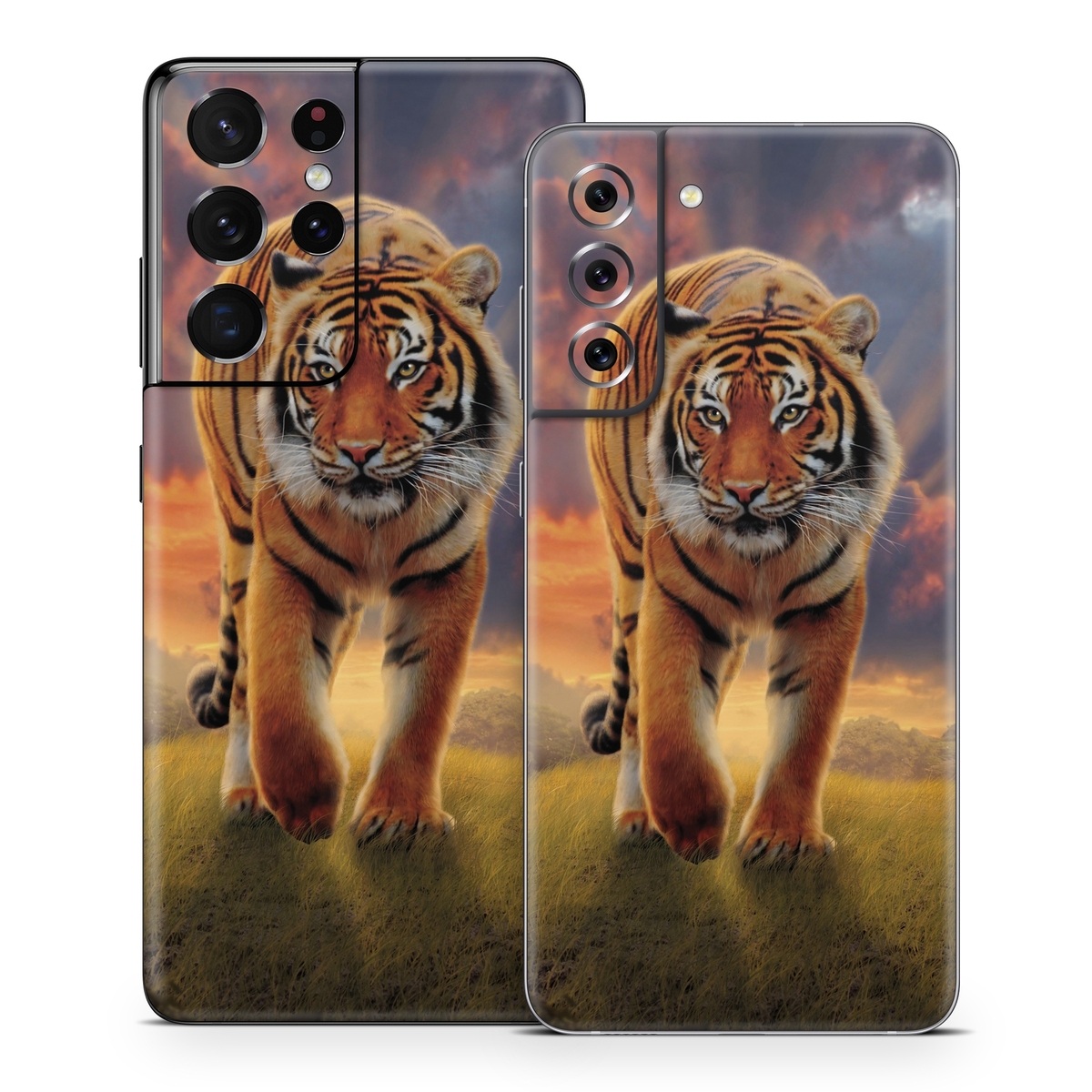 Samsung Galaxy S21 Series Skin design of Tiger, Wildlife, Bengal tiger, Mammal, Felidae, Siberian tiger, Sky, Big cats, Terrestrial animal, Carnivore, with black, white, yellow, red, green, blue colors