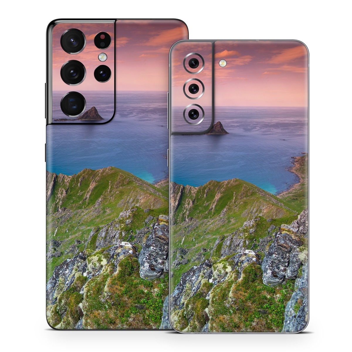Samsung Galaxy S21 Series Skin design of Body of water, Nature, Sky, Coast, Sea, Headland, Natural landscape, Promontory, Coastal and oceanic landforms, Cliff, with red, orange, green, blue, yellow colors